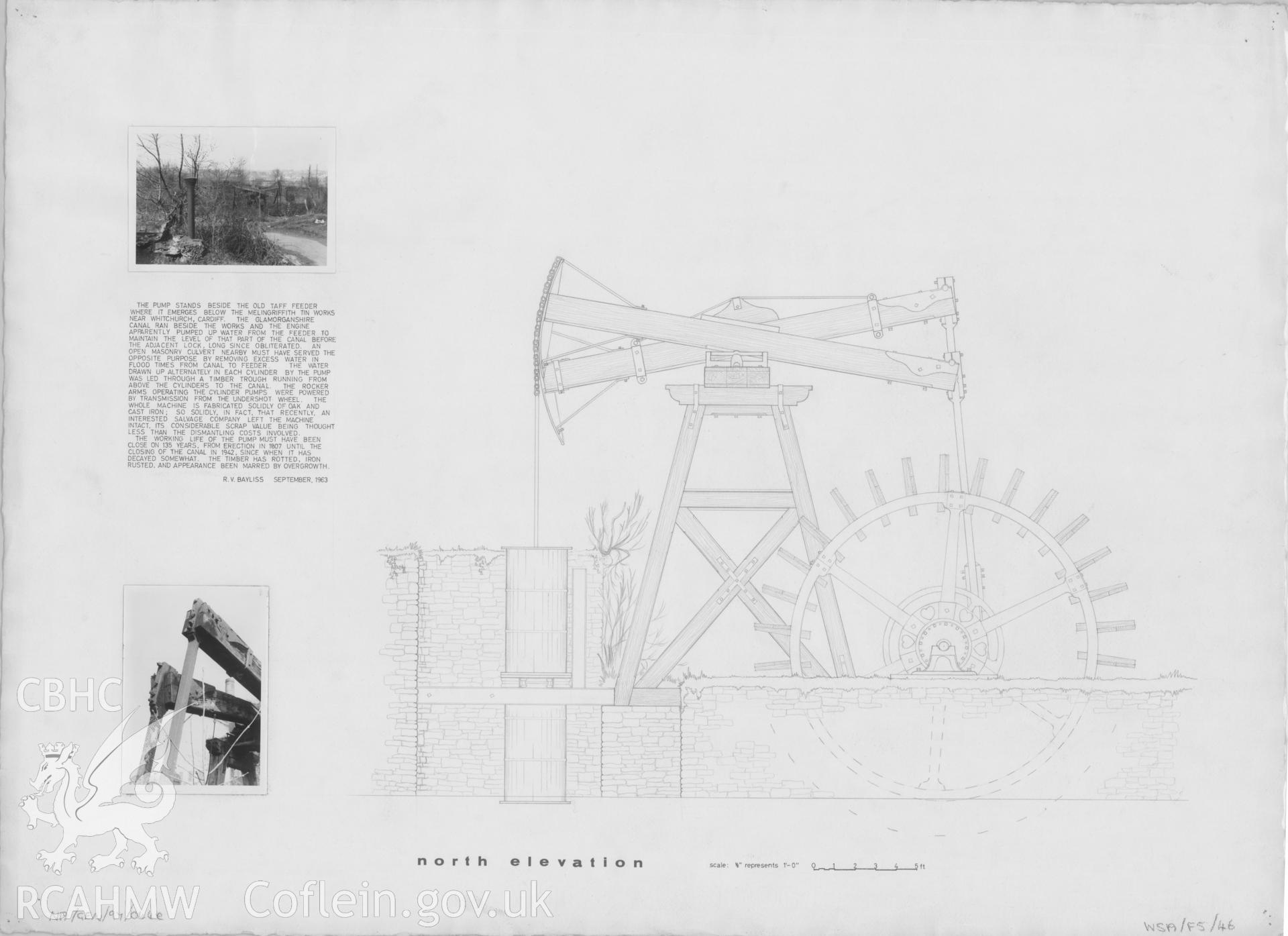 Measured drawing showing north elevation and two B&W photos of Melingriffith Water Pump, produced by R.V. Bayliss and I. Payne, undated.
