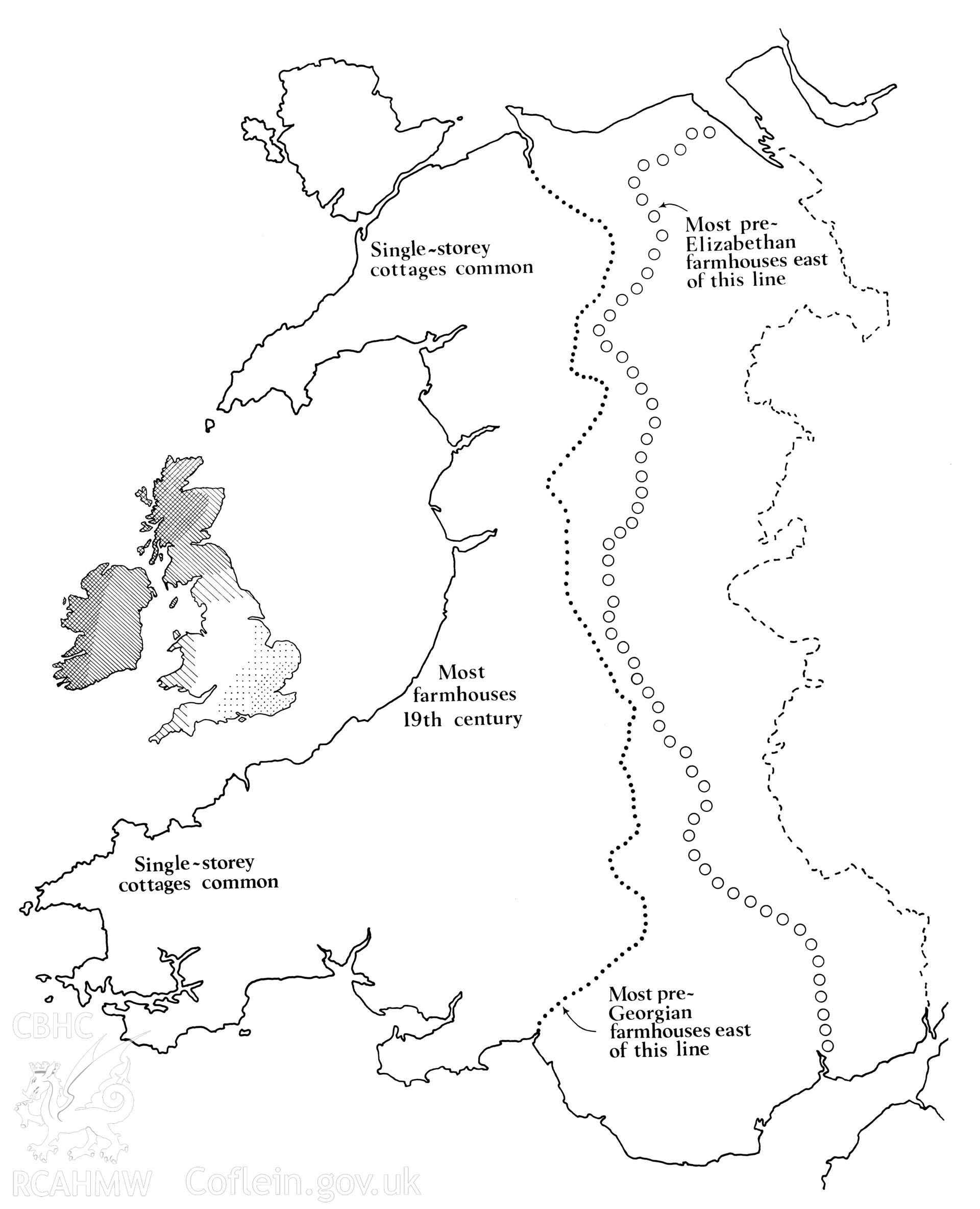 Volume 3, Figure 52: Map showing 'Welsh building regions according to date'.