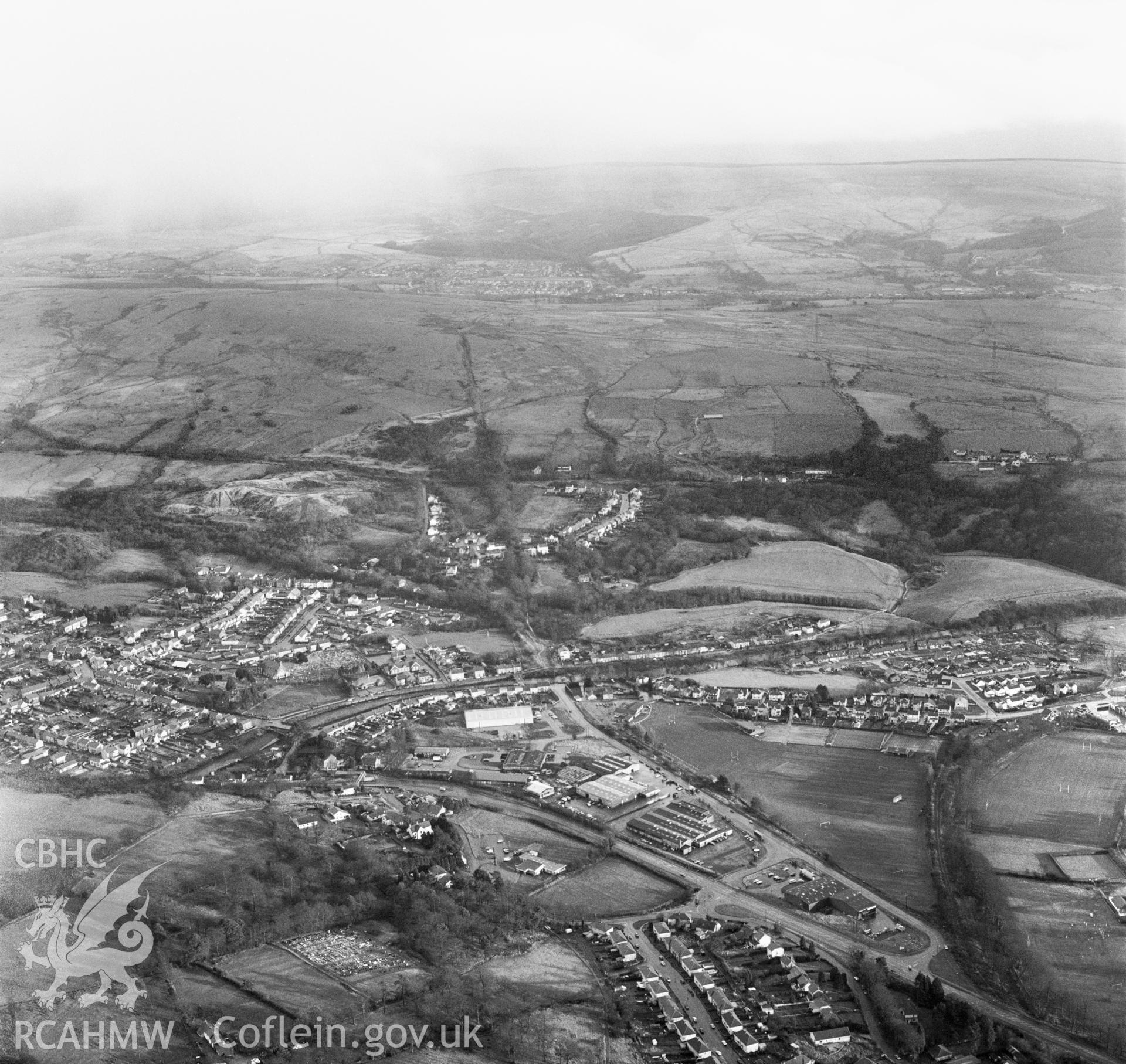 RCAHMW Black and white oblique aerial photograph of Claypon's Tramroad, Ystradgynlais, taken by CR Musson on 20/01/88