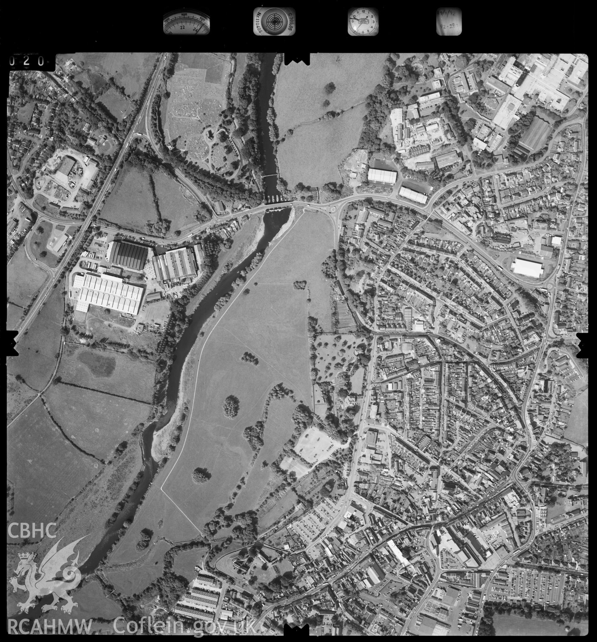 Digitized copy of an aerial photograph showing the Abergavenny area, taken by Ordnance Survey, 1992.