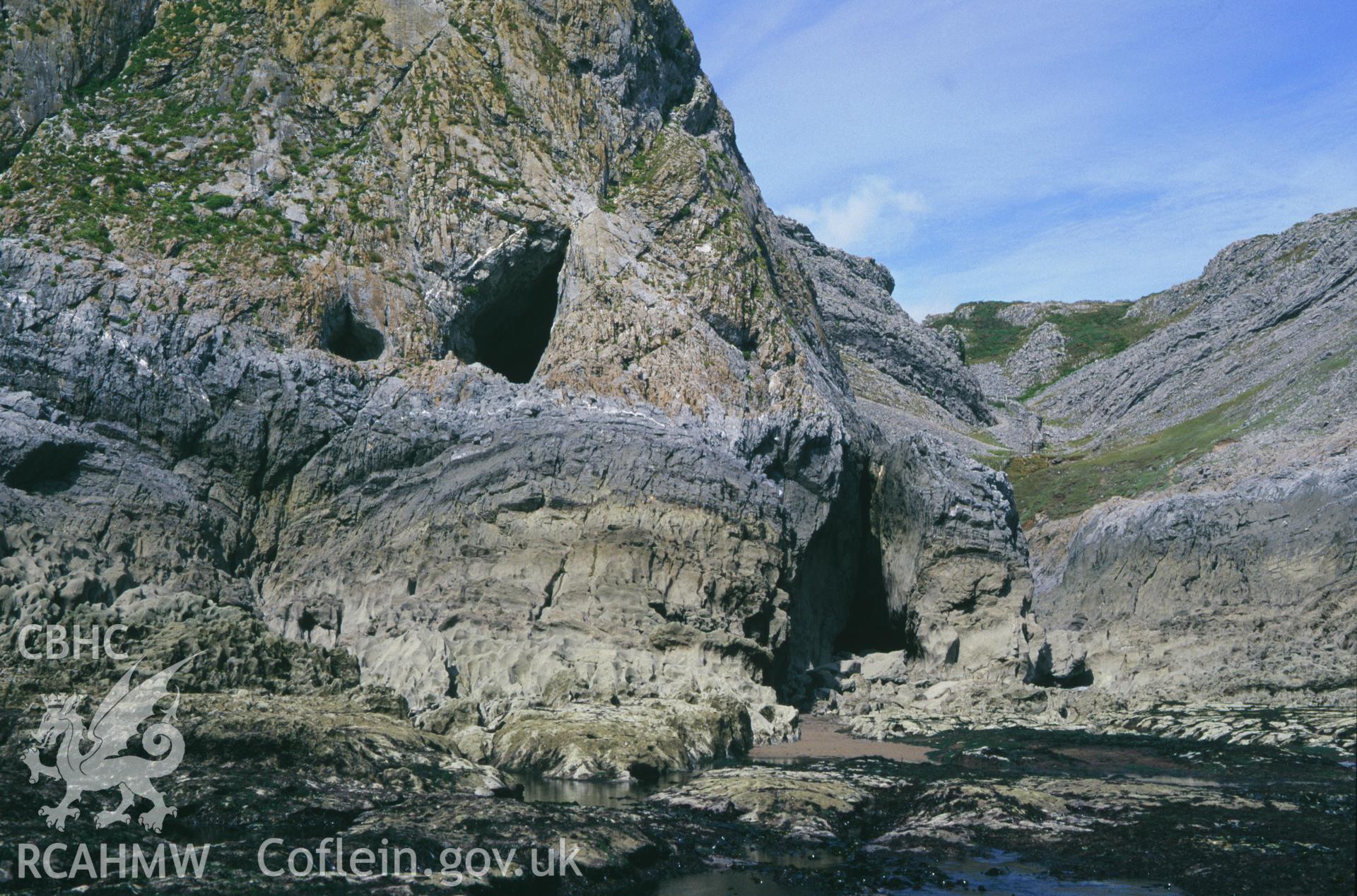 Goat's Hole Cave Paviland; colour slide showing view along Foxhole Slade, taken by David Leighton, 1997.