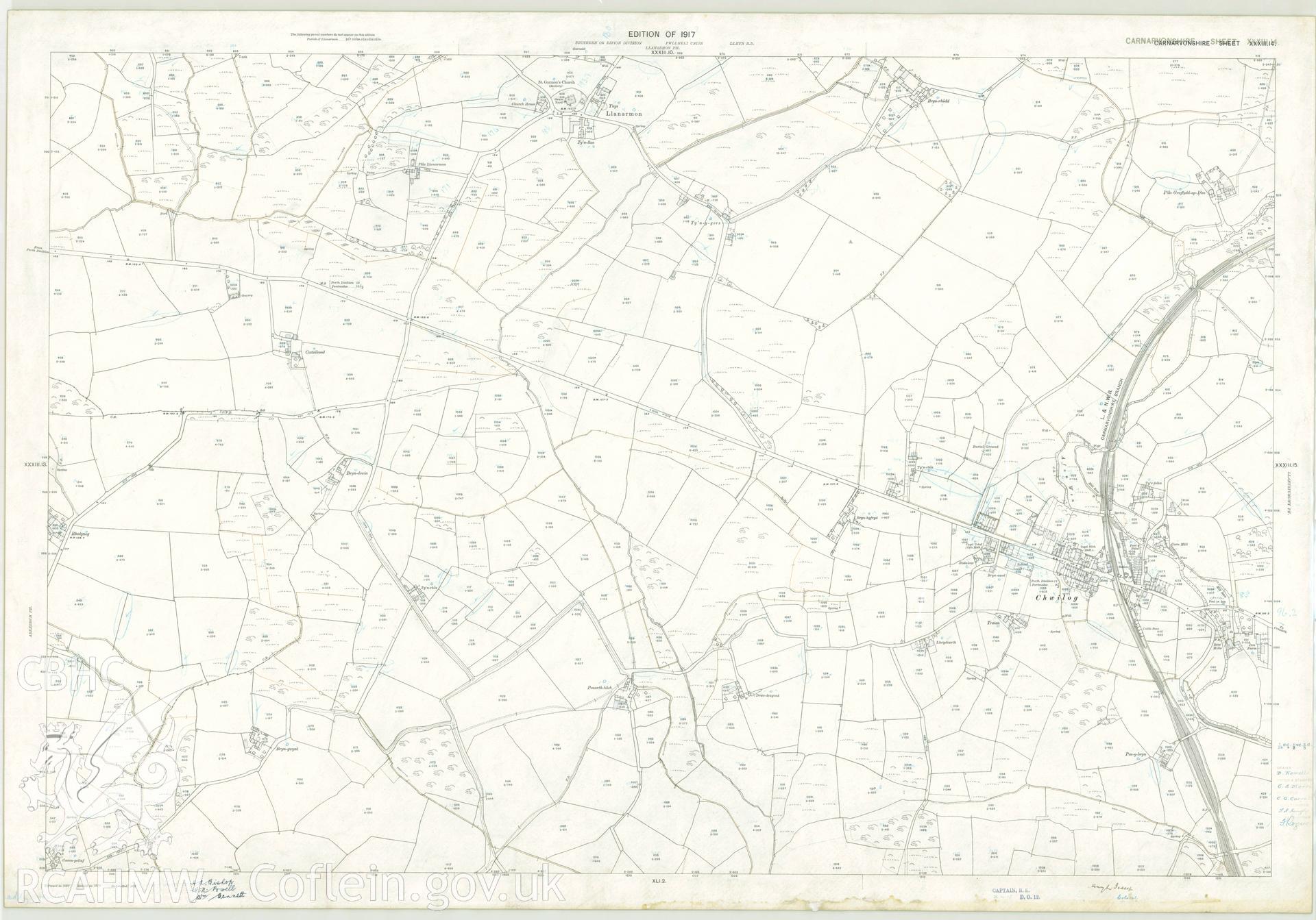 Digitized copy of Ordnance Survey 25 inch coloured map of Chwilog area 1917. Original size.