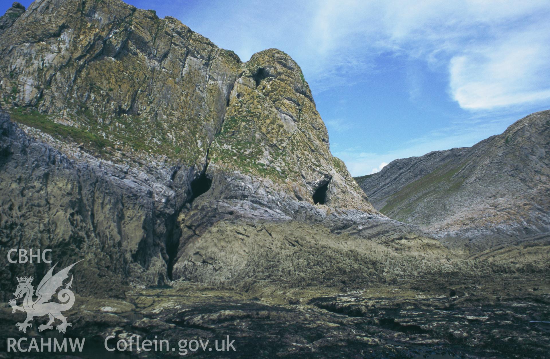 Goat's Hole and Hound's Hole Caves, Paviland; colour slide showing view from the south, taken by David Leighton, 1997.