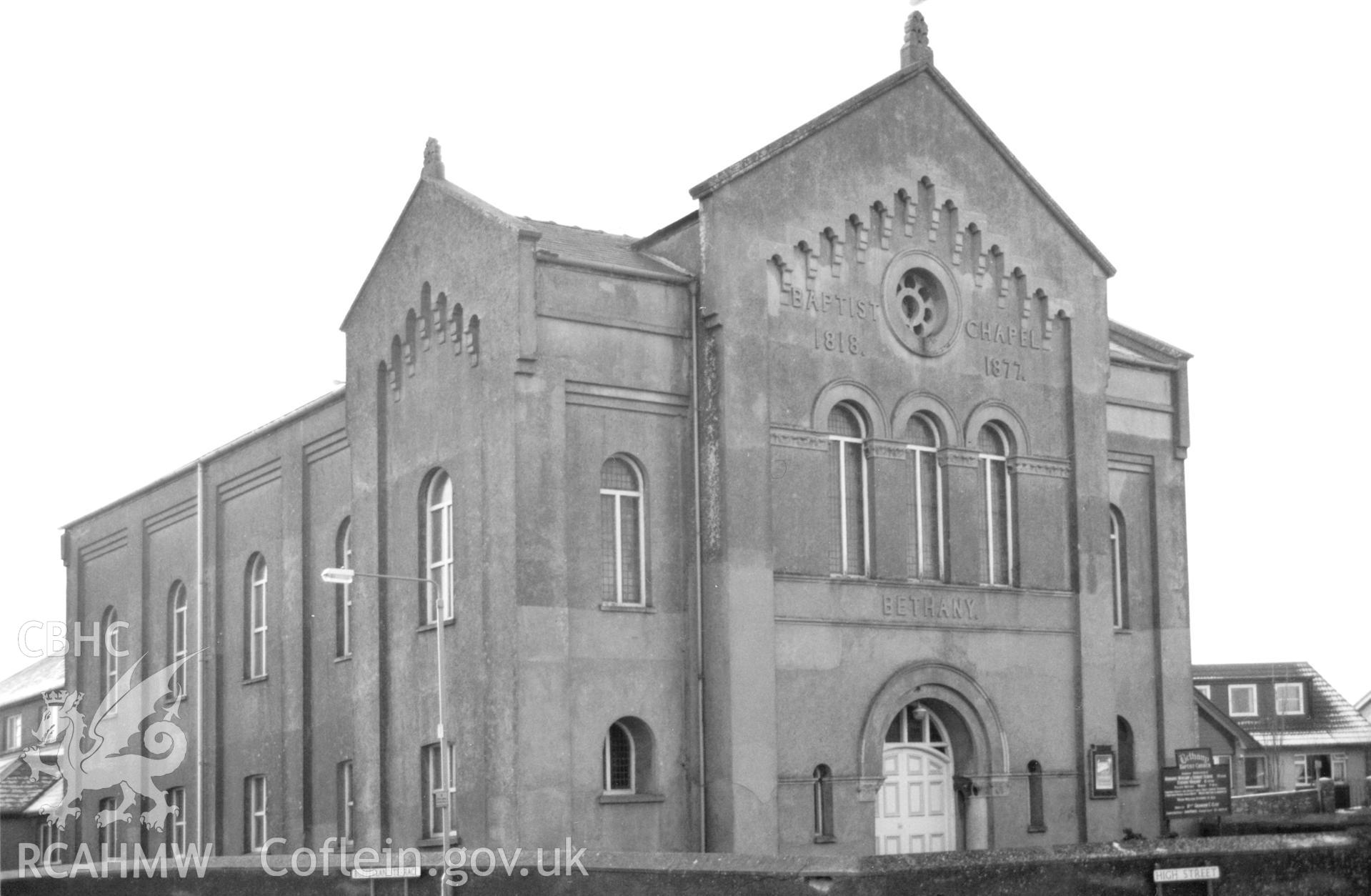 Digital copy of a black and white photograph showing an exterior view of Bethany English Baptist Chapel,  Pembroke Dock, taken by Robert Scourfield, c.1996.