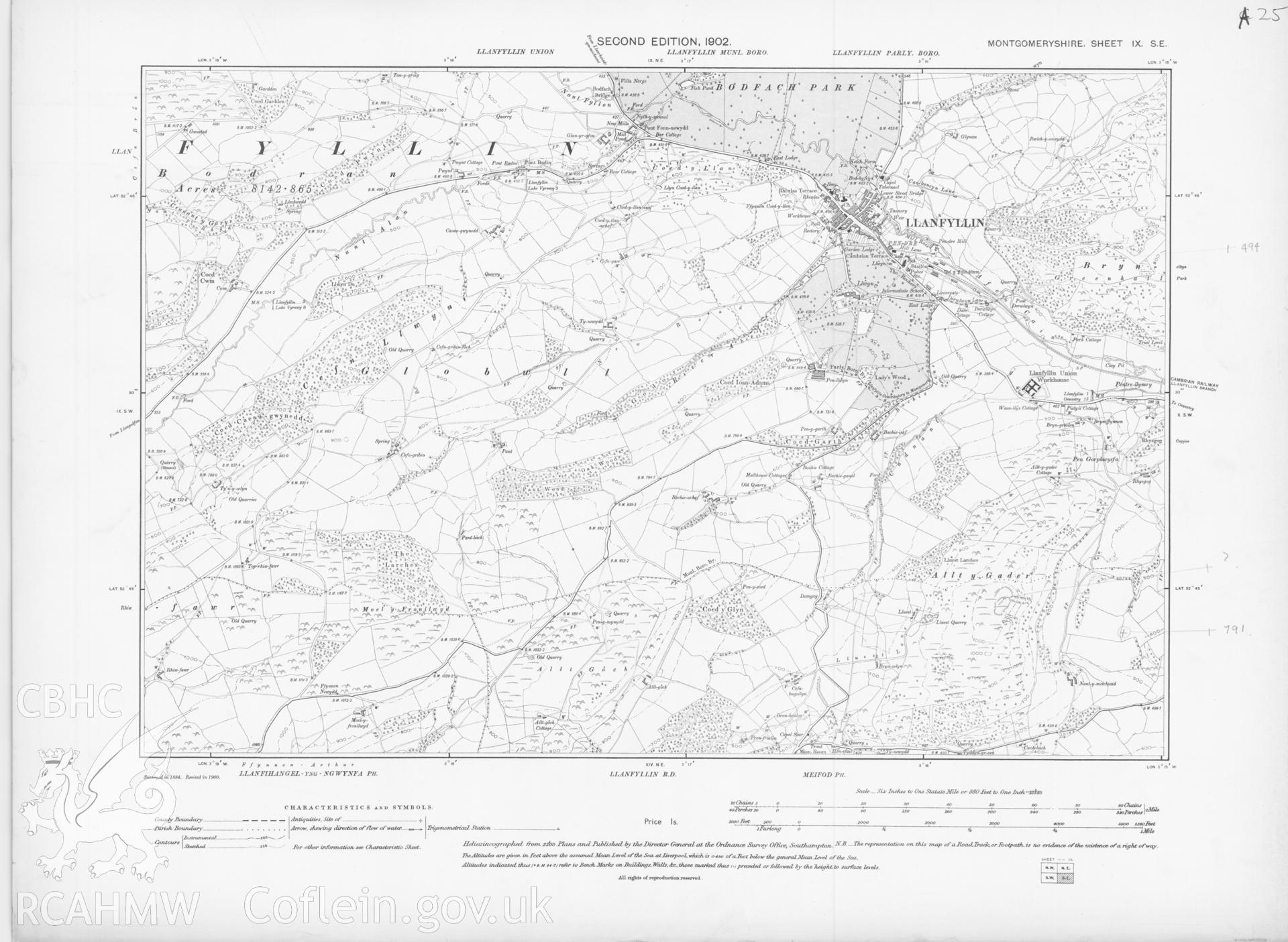 Digital copy of an Ordnance Survey second edition county series map, six inch, 1:10560, ungridded, showing Llanfyllin area.