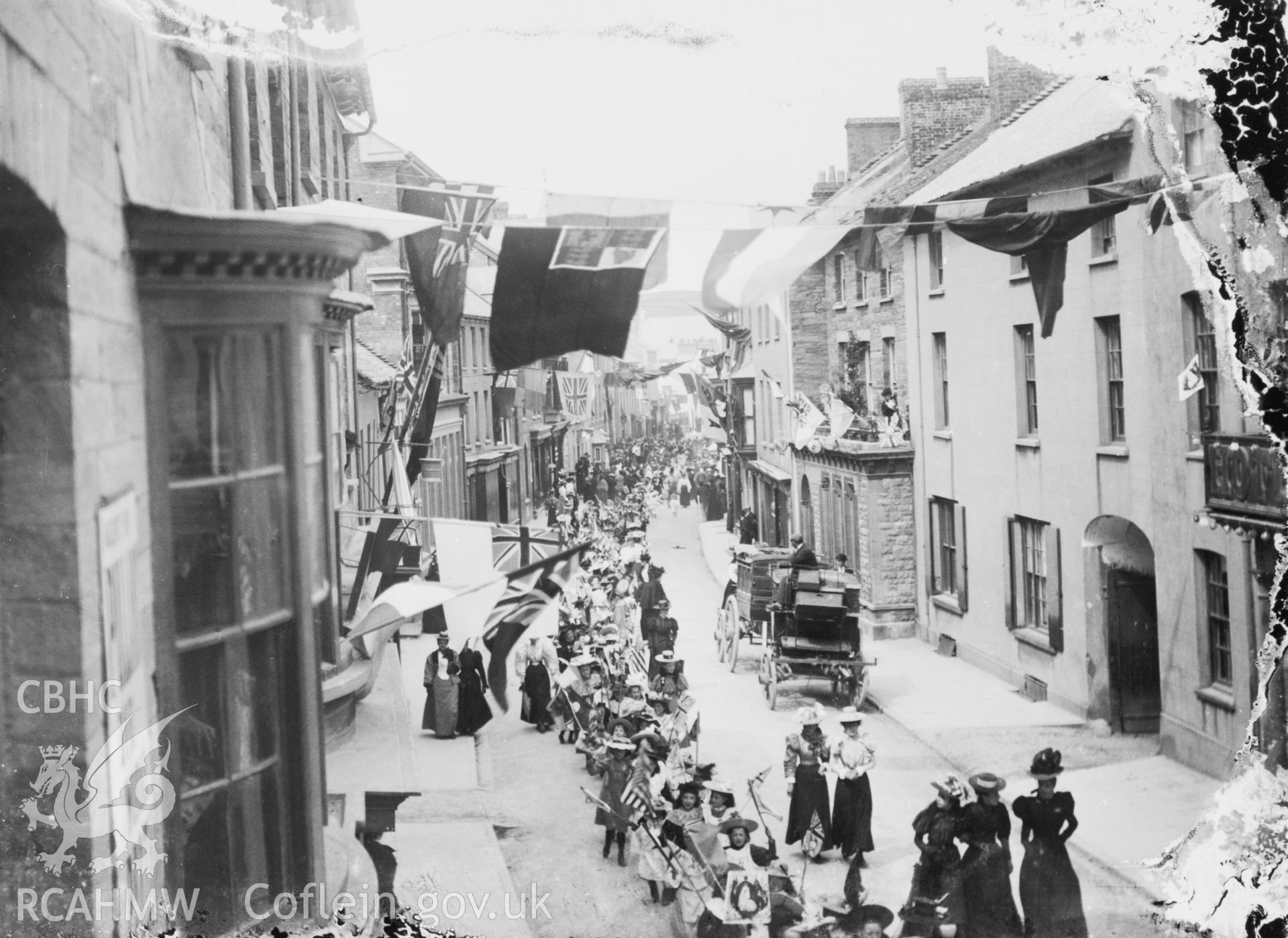 Black and white print of Queen Victoria's Diamond Jubilee celebrations at Cardigan High Street.
