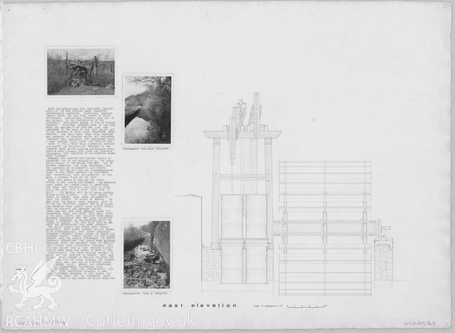 Measured drawing showing east elevation and three B&W photos of Melingriffith Water Pump, produced by R.V. Bayliss and I. Payne, undated.