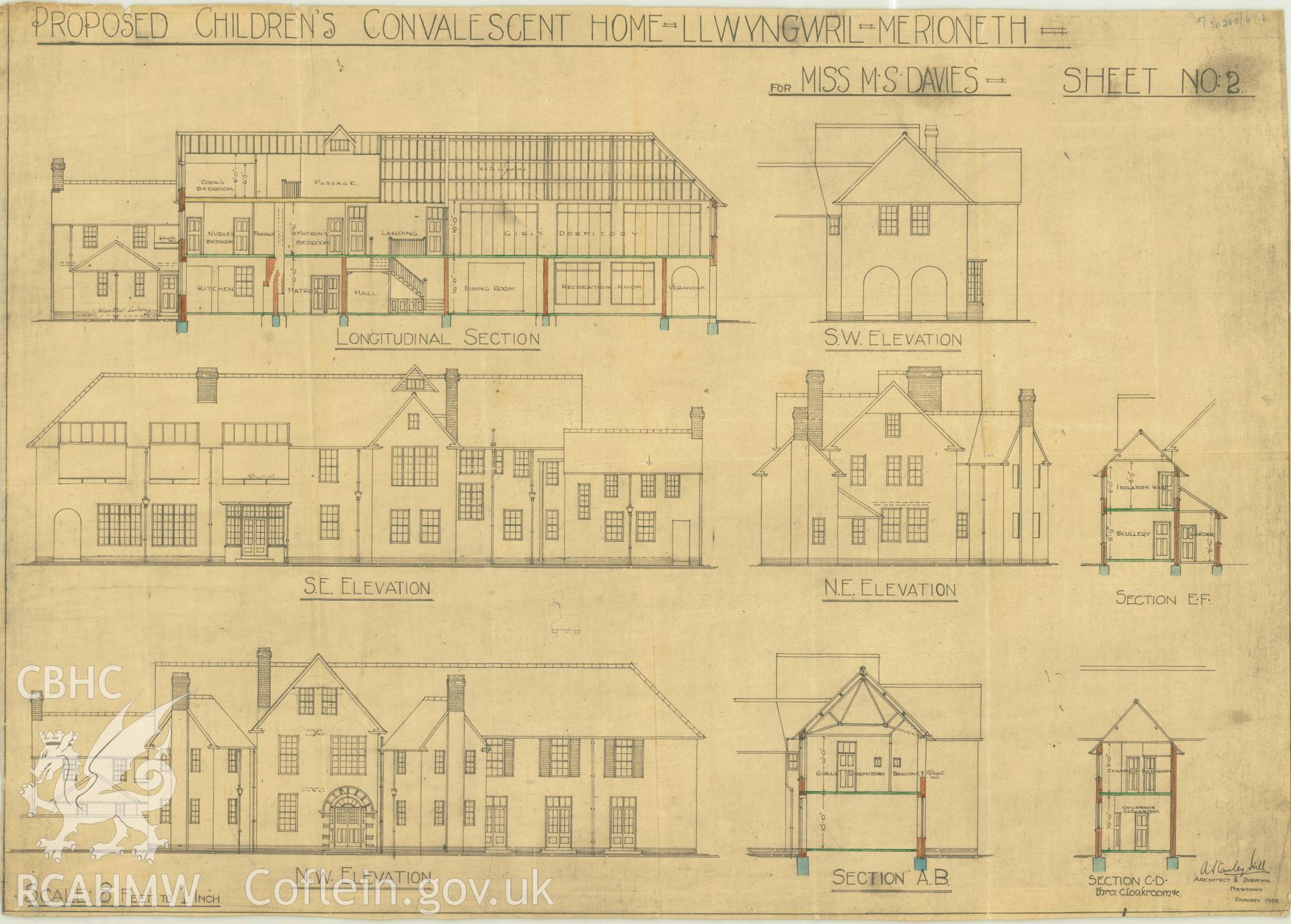 Ty Gwyn, Llangelynin; digitized copy of measured drawings of the proposed Children's Convalescent Home at Llwyngwril, produced by A. Stanley Cox, architect and surveyor of  of Newtown,  loaned for copying by Gwilym Jones of Snowdonia National Park.