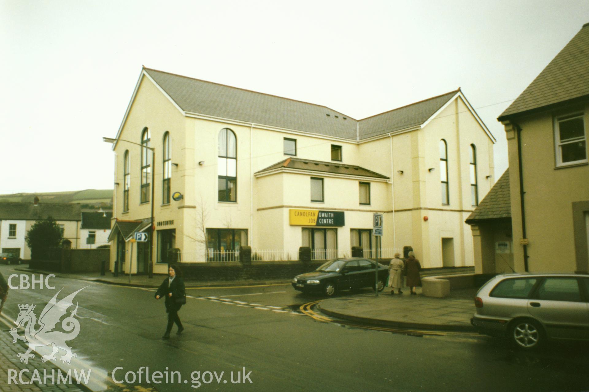 Digital copy of a colour photograph showing an exterior view of the Ebenezer Welsh Wesleyan Methodist Chapel, Carmarthen, taken by Robert Scourfield, c.1996.