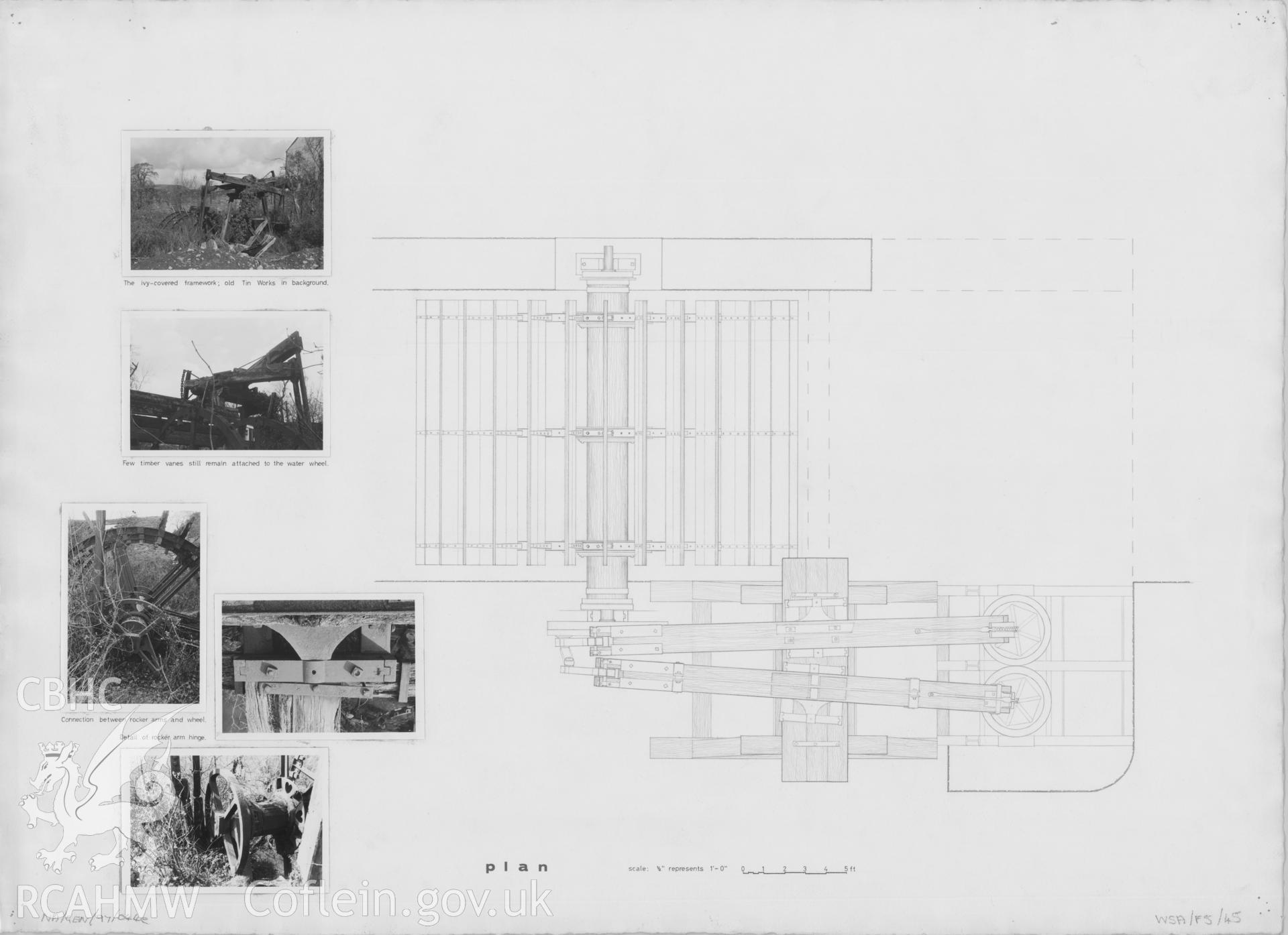 Measured drawing showing plan and five B&W photos of Melingriffith Water Pump, produced by R.V. Bayliss and I. Payne, undated.