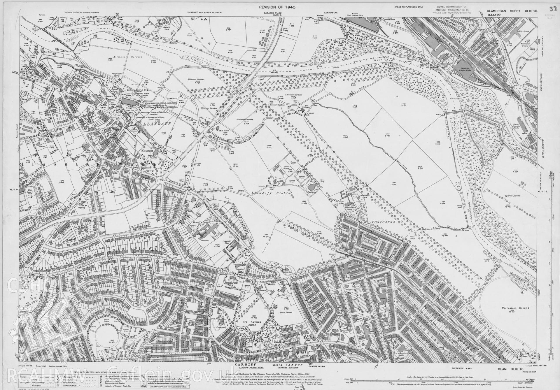 Digitized copy of Ordnance Survey 25 inch 1940 revision map of the Pontcanna district of Cardiff.
