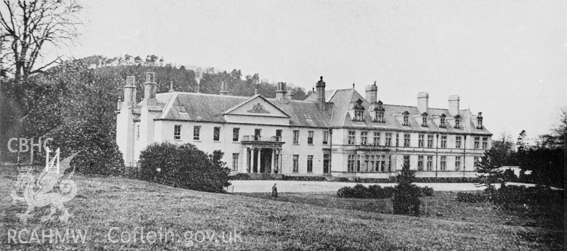 Copy of black and white image of Trawscoed Mansion, Trawscoed, copied from early photograph showing exterior, loaned by David Williams.