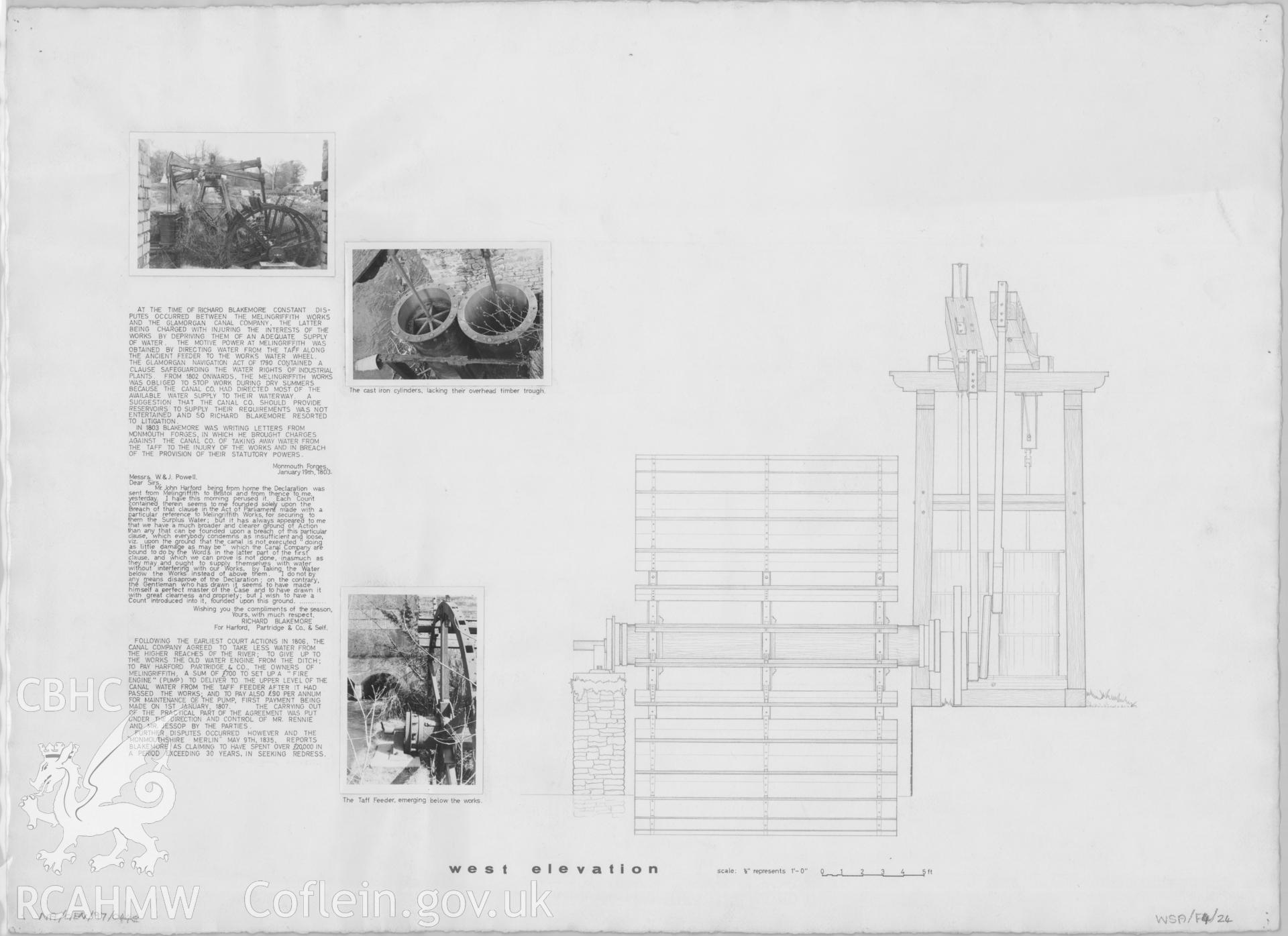 Measured drawing showing west elevation and three B&W photos of Melingriffith Water Pump, produced by R.V. Bayliss and I. Payne, undated.