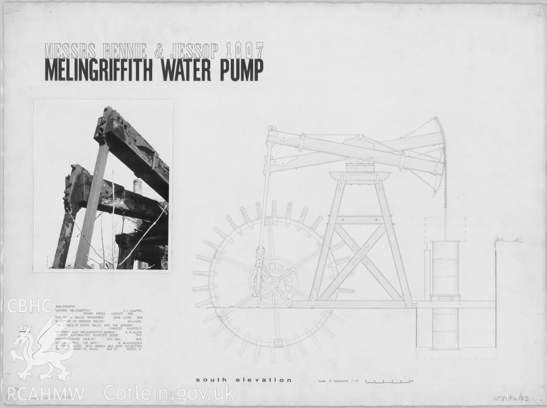Measured drawing showing south elevation and B&W photo of Melingriffith Water Pump, produced by R.V. Bayliss and I.Payne, undated.