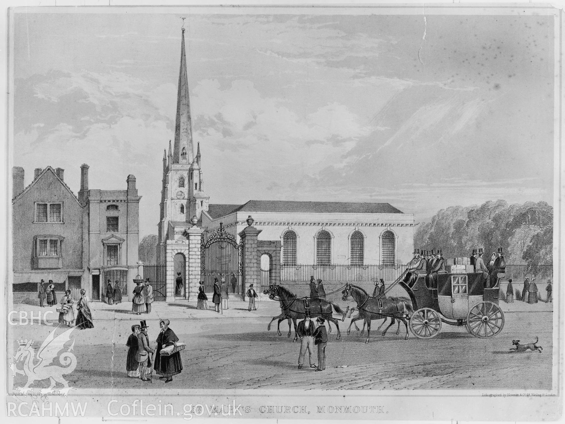 Lithograph of St Mary's Church, Monmouth. Negative held