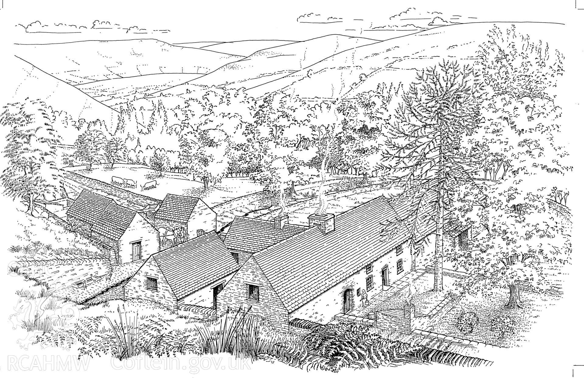 Nant y Bar Farmstead, Glynncorrwg; copy of a perspective reconstruction drawing produced by Geoff Ward, c.1988