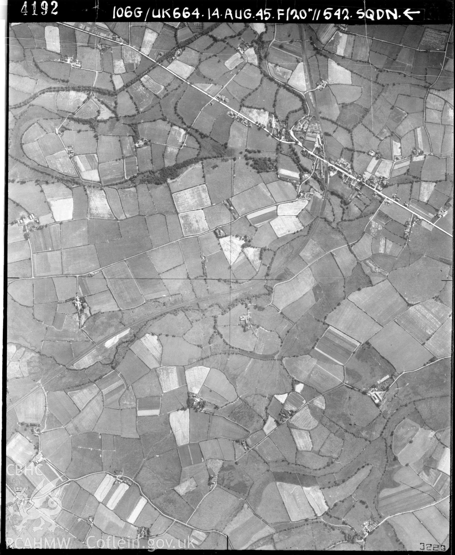 Black and white vertical aerial photograph taken by the RAF on 14/08/1945 centred on SH43693896 at a scale of 1:10000. The photograph includes part of Llanystumdwy community in Gwynedd.