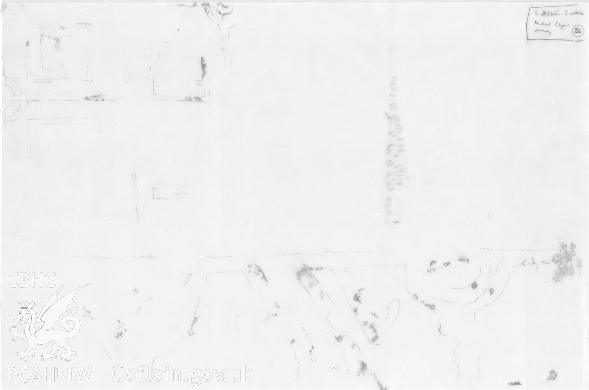 Provisional sketch on tracing paper showing the wall painting on the west end of the south wall of the south aisle in St Teilo's Church, Llandeilo Talybont, produced by A.J. Parkinson, undated.