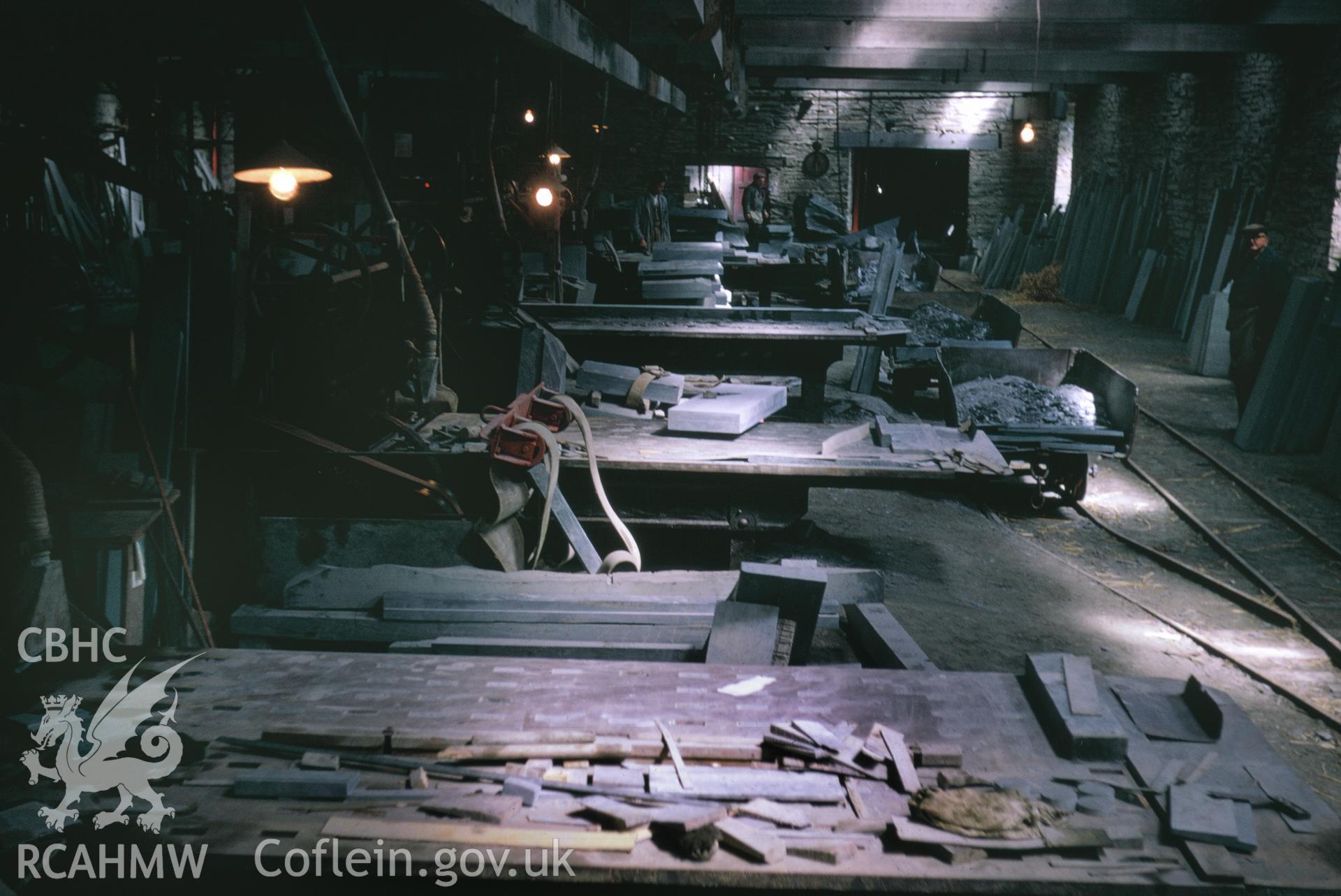 Colour 35mm slide of Oakley Slate Quarry Blaenau Ffestiniog, showing the machine shed, by Dylan Roberts, undated.