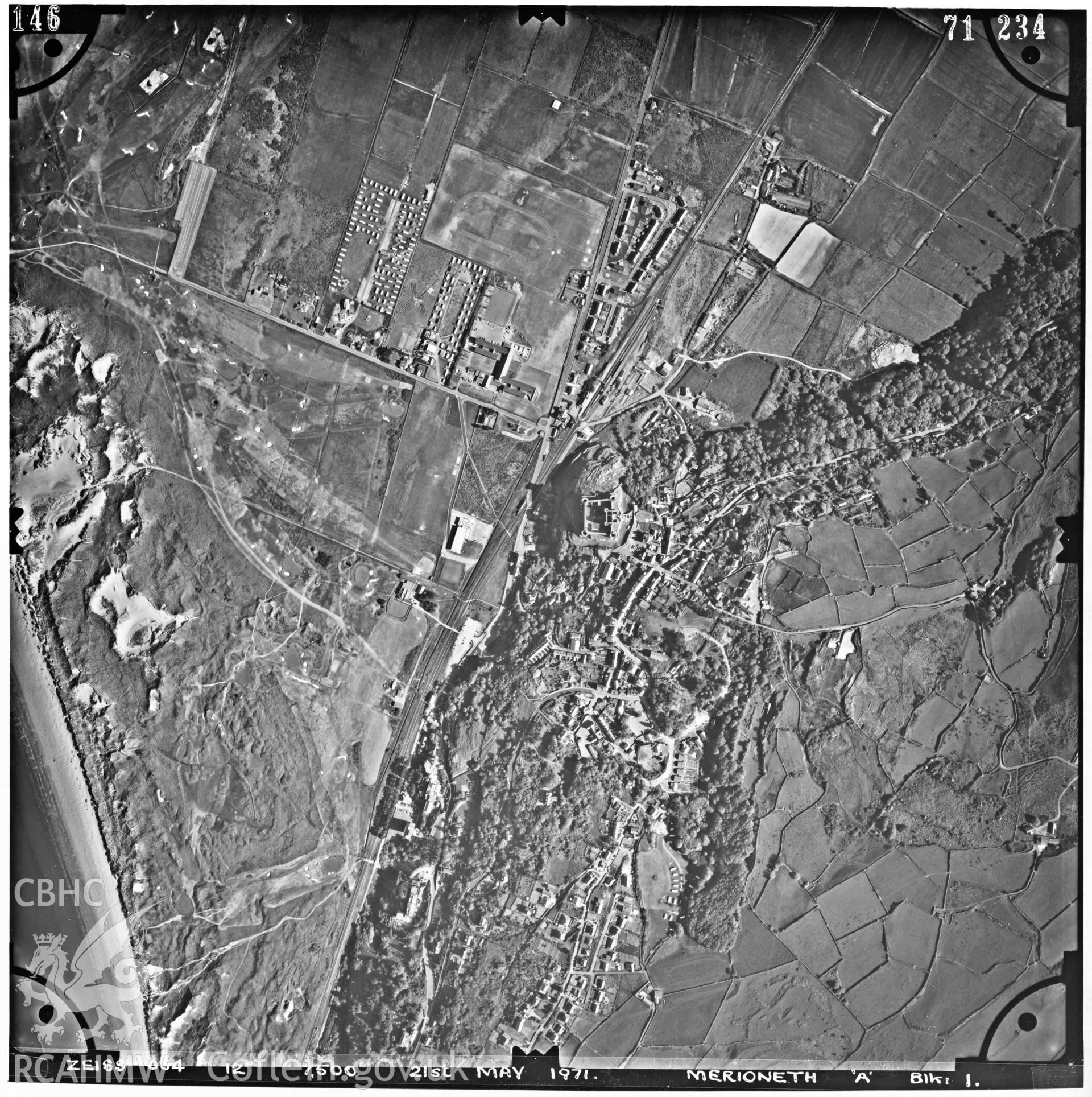 Digitized copy of an aerial photograph showing Harlech Town,  taken by Ordnance Survey, 1971.