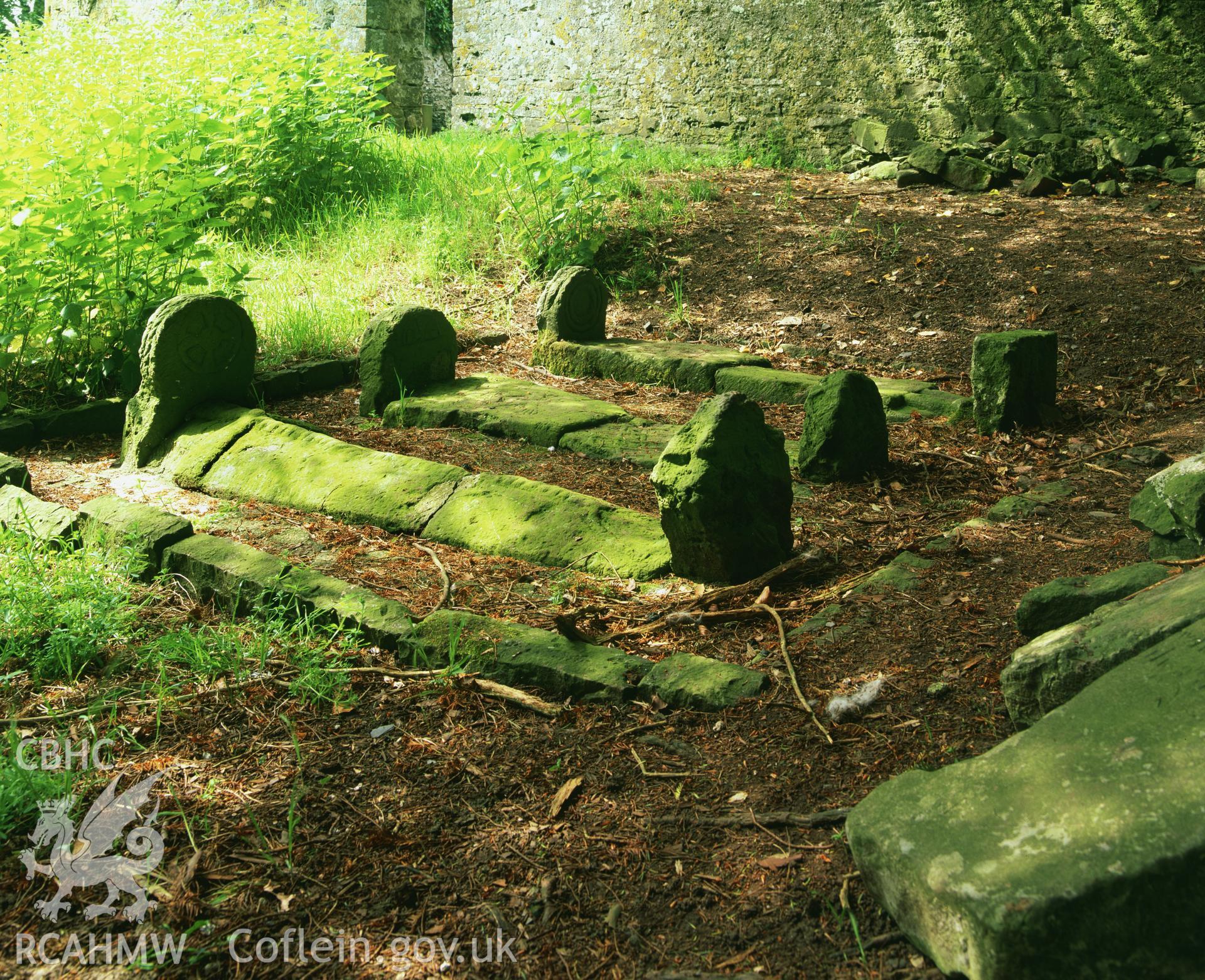 Colour transparency showing view of the Pilgrim's Grave in St Michaels Churchyard, Llanfihangel Abercowin, produced by Iain Wright, June 2004