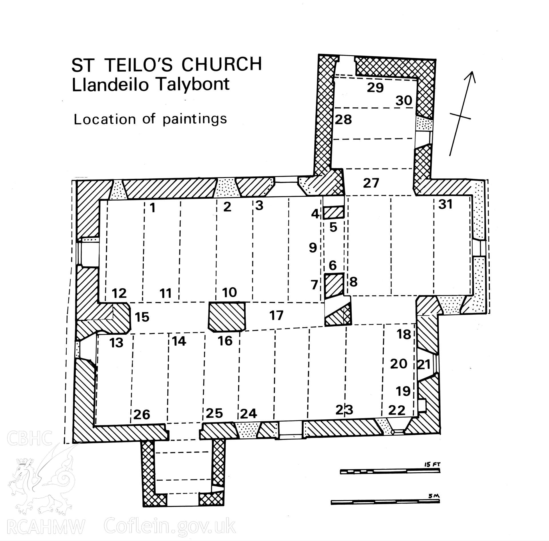 Measured plan of St Teilo's Church, Llandeilo Talybont, overlaid with a key showing the location of paintings within the church, produced by RCAHMW, undated.