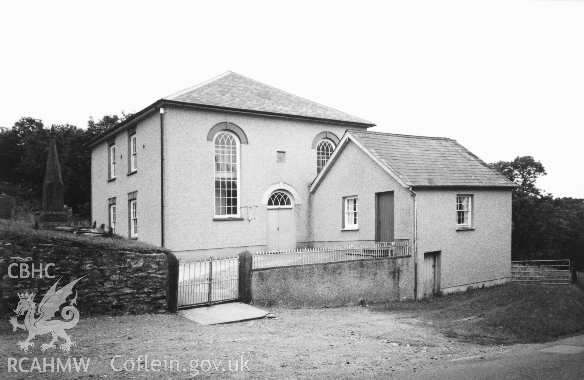 Digital copy of a black and white photograph showing an exterior view of Rhydyceisiad Welsh Independent Chapel,  taken by Robert Scourfield, 1996.
