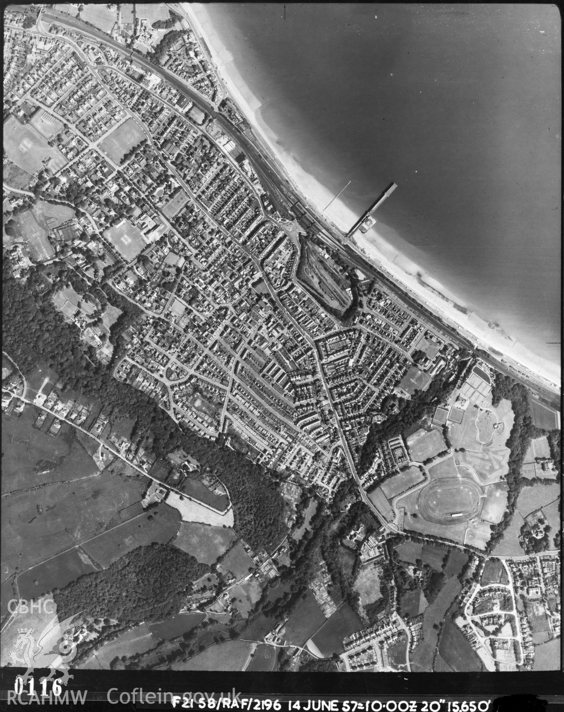 Black and white vertical aerial photograph, taken by the RAF, showing Colwyn Bay 1957.