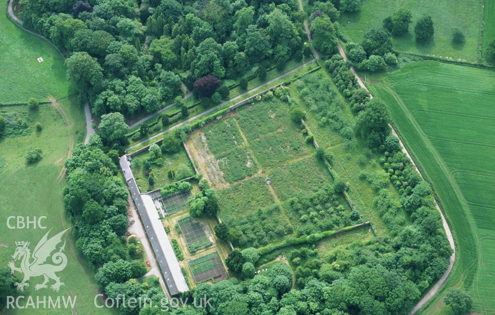 Slide of RCAHMW colour oblique aerial photograph of walled garden at Mostyn Hall taken by T.G. Driver, 2001.