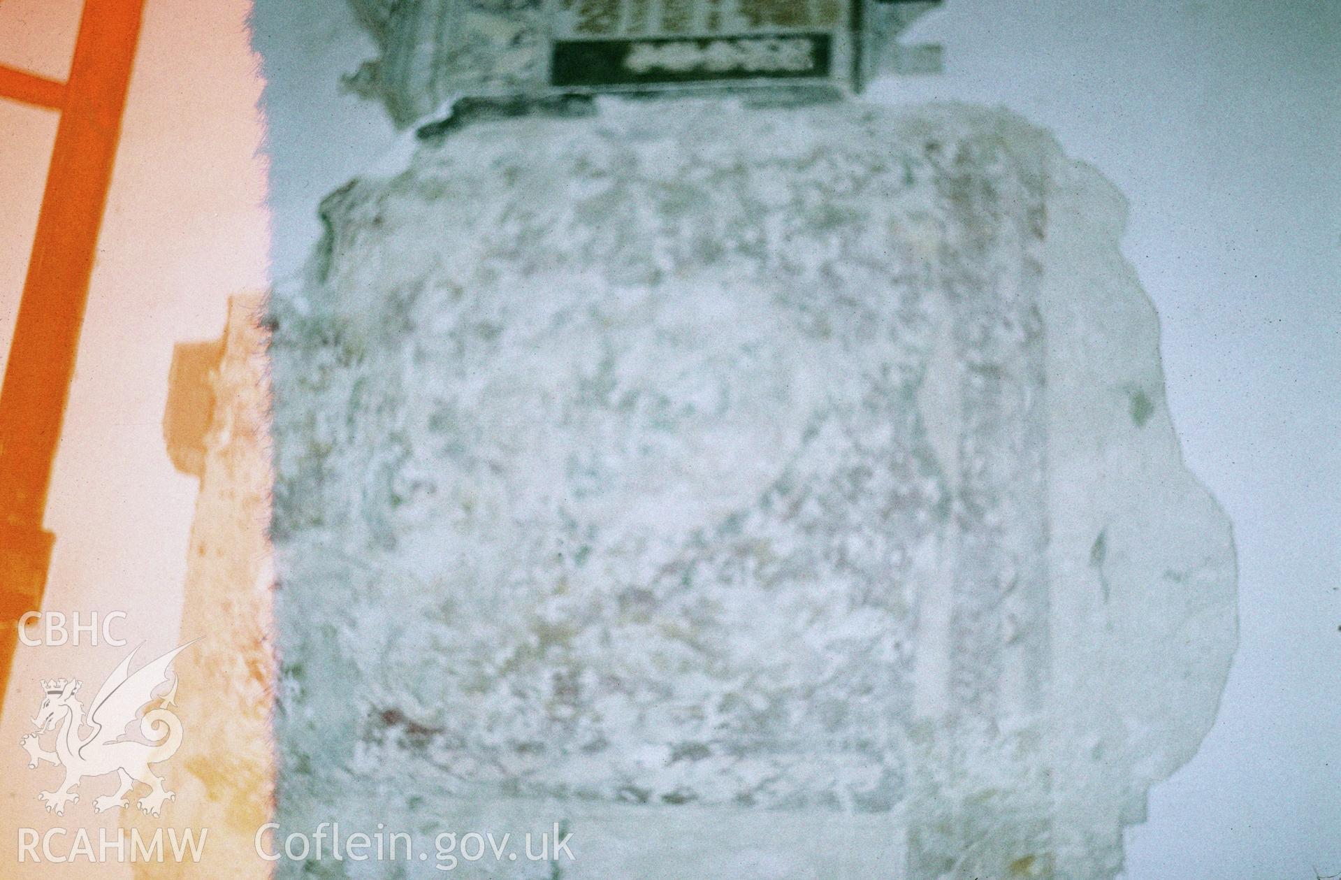 35mm colour slide showing the wallpainting at St. Melangells' Church, Pennant by Dylan Roberts, undated.