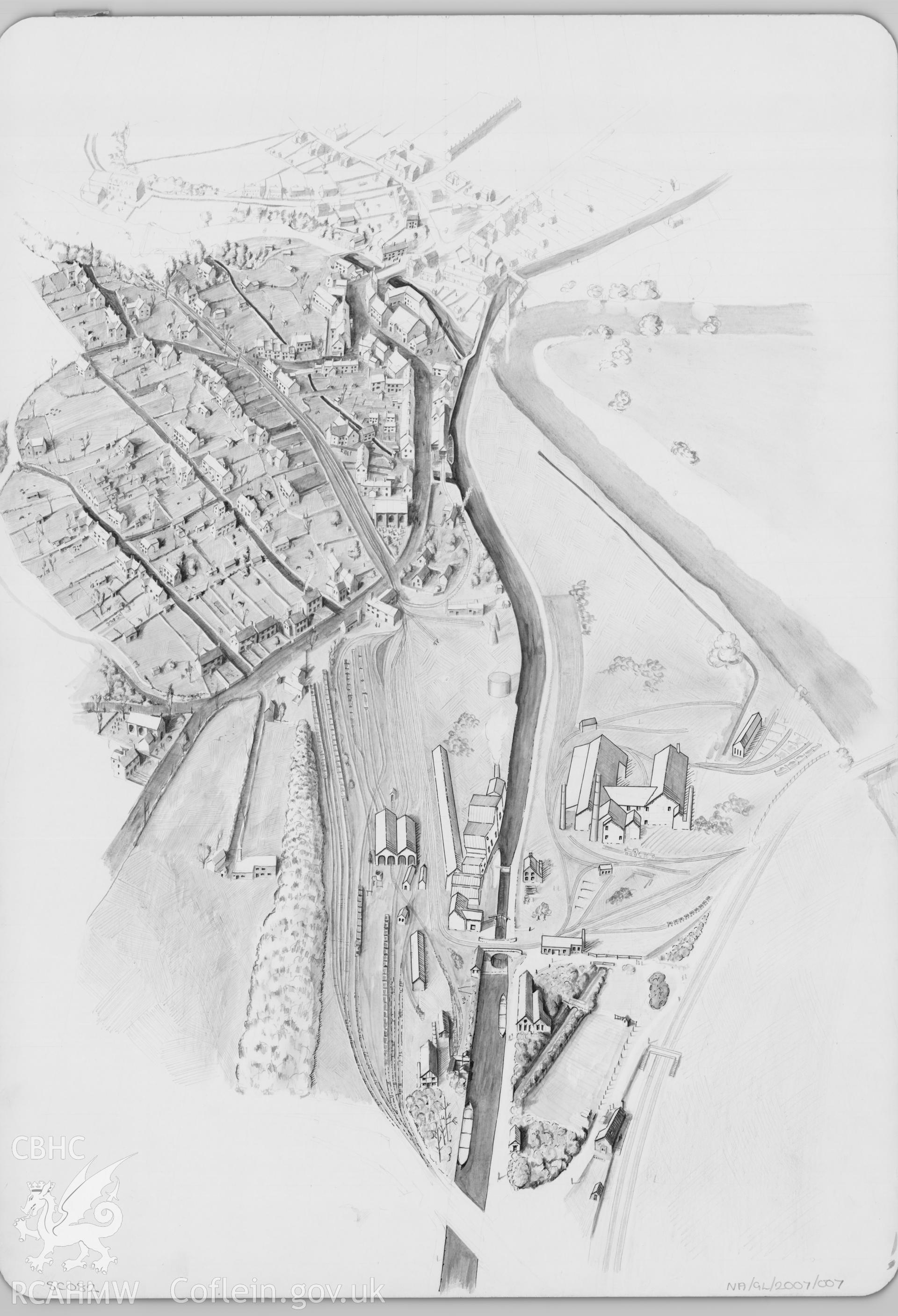 Birds-eye reconstruction drawing showing Clydach Foundry and surrounding area as it would have appeared around 1880, produced by J.D. Goodband, 1979.