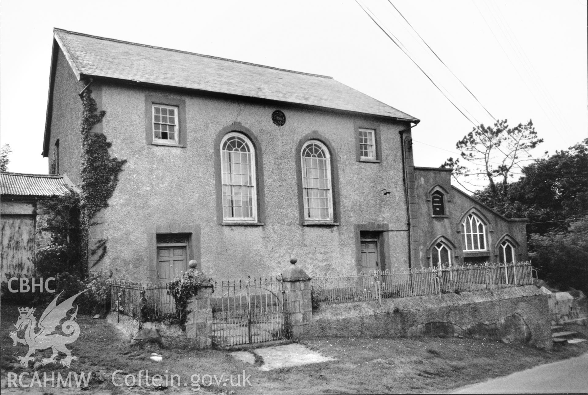 Digital copy of a black and white photograph showing an exterior view of Brynhenllan Welsh Calvinistic Methodist Chapel,  taken by Robert Scourfield, c.1996.