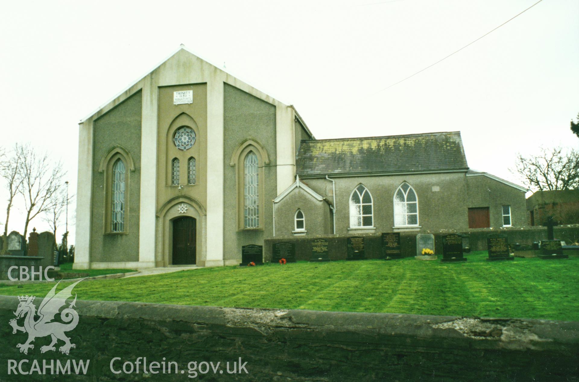 Digital copy of a colour photograph showing an exterior view of Trinity Welsh Calvinistic Methodist Chapel, St Clears, taken by Robert Scourfield, 1996.