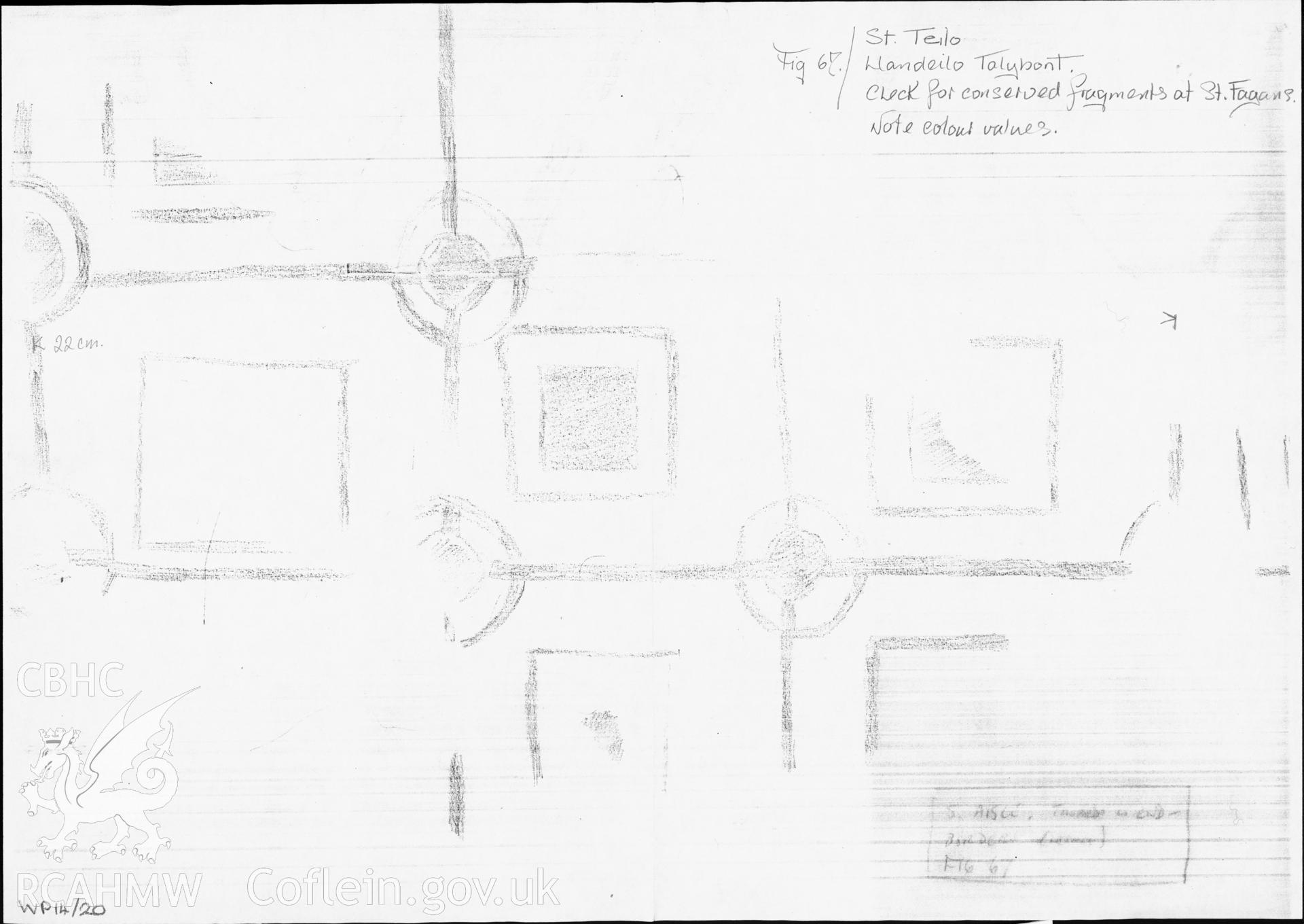 Annotated photocopy of part of a reconstruction painting  on tracing paper showing the wall painting of "border 2" in the south aisle in St Teilo's Church, Llandeilo Talybont, produced by D.J. Roberts and A.J. Parkinson, undated.