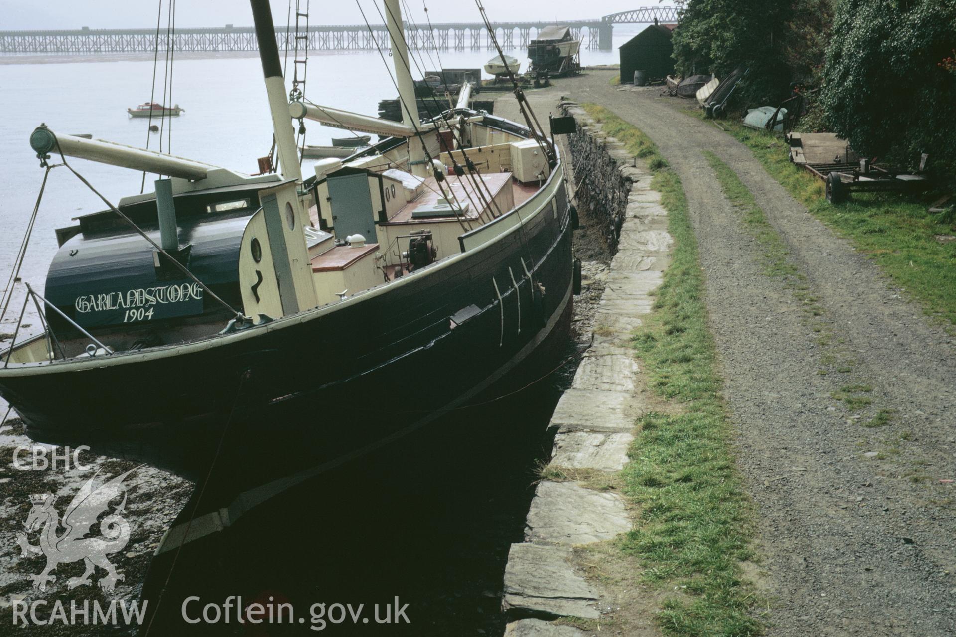35mm colour slide showing a fishing boat, at the Tidal Quay, Barmouth Harbour, Merionethshire by Dylan Roberts.