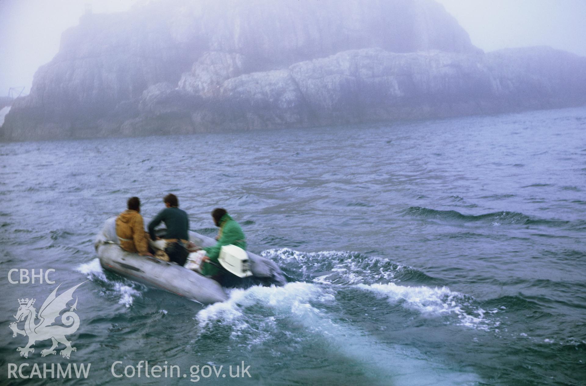 35mm colour slide showing the landing crew of 'Strathclyde' approaching  Bishop Lighthouse, Pembrokeshire by Dylan Roberts.