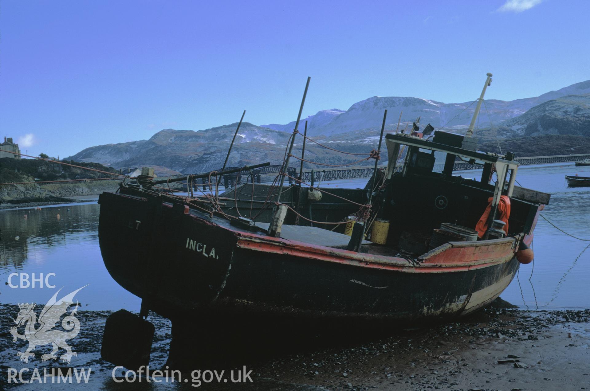35mm colour slide showing a fishing boat in Barmouth Harbour, Merionethshire, by Dylan Roberts.