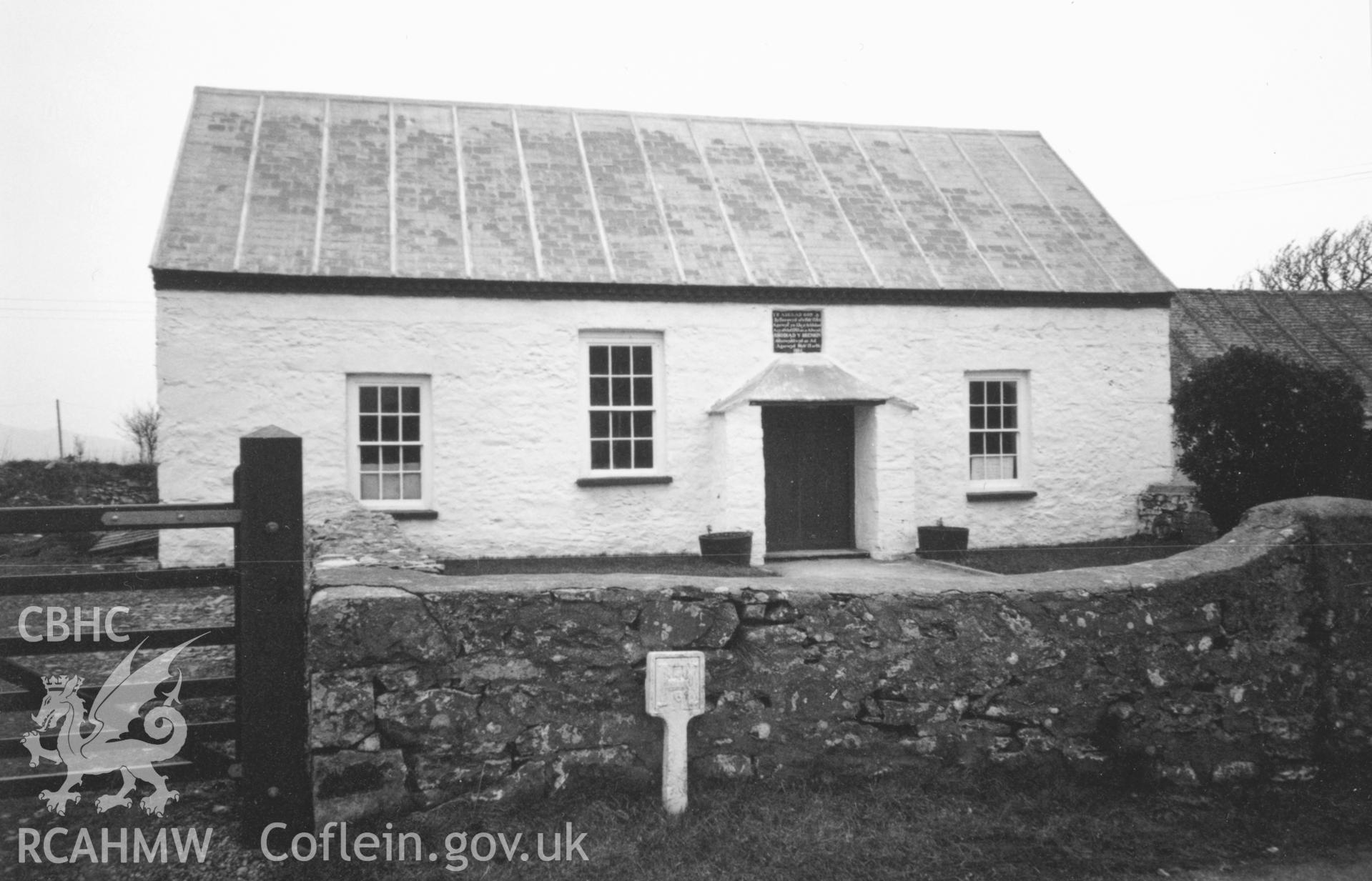 Digital copy of a black and white photograph showing an exterior view of Rhodiad Congregational Chapel, St Davids, taken by Robert Scourfield, 1996.