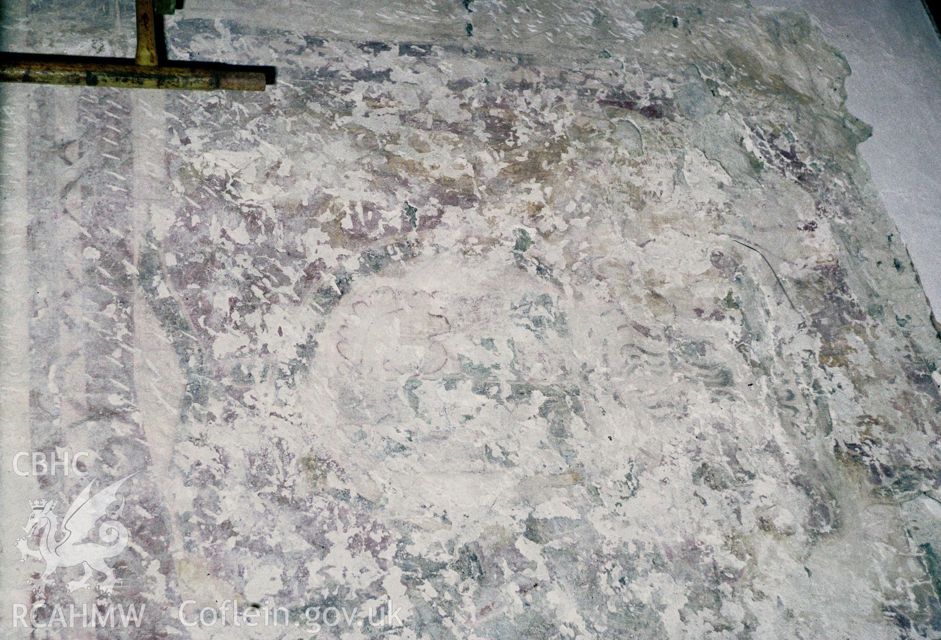 35mm colour slide showing the wallpainting at St. Melangells' Church, Pennant by Dylan Roberts, undated.