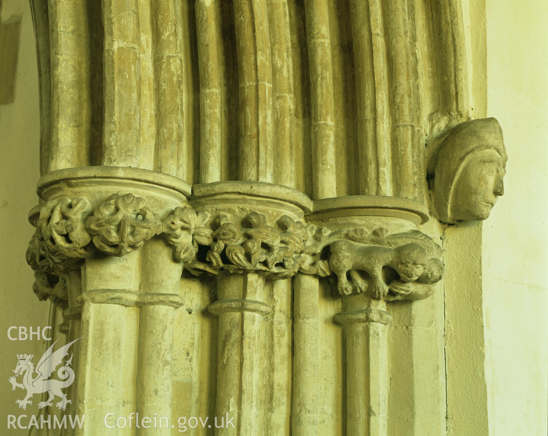 RCAHMW colour transparency showing detail of stone carving at St Marys Church, Haverfordwest, taken by Iain Wright, 2003.