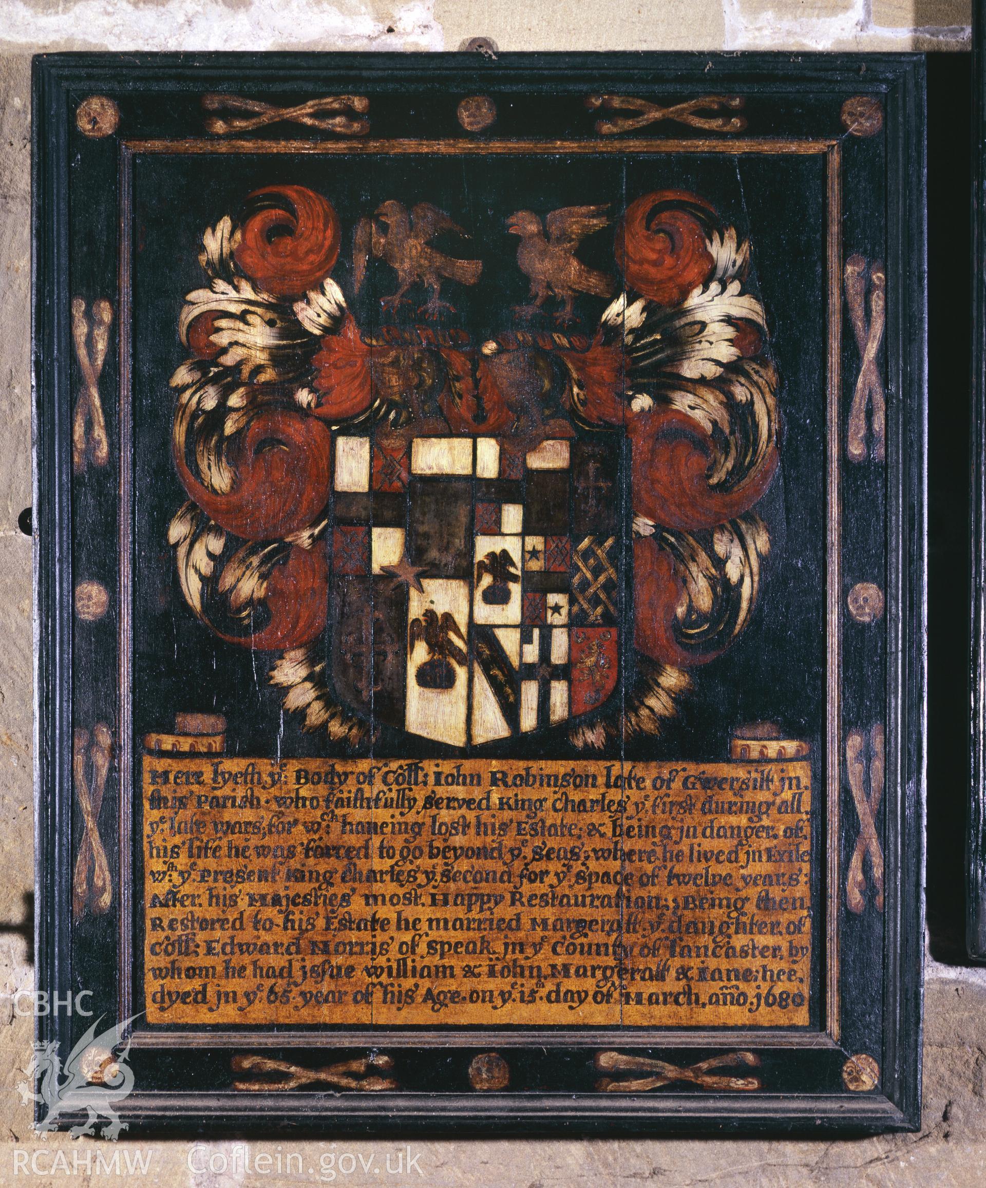 RCAHMW colour transparency showing memorial to Colonel John Robinson in All Saints Church, Gresford, taken by Iain Wright, February 2001.
