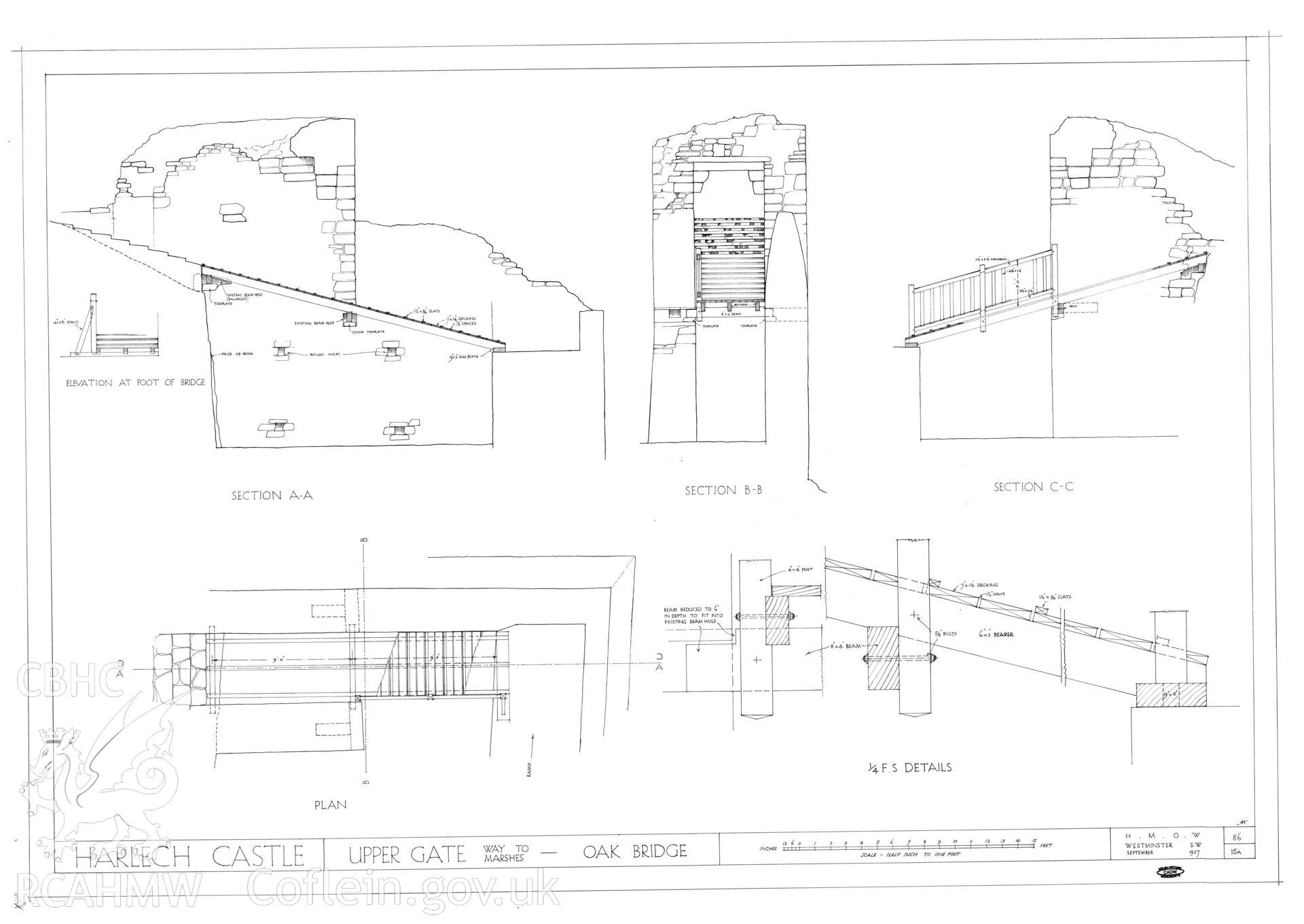 Cadw guardianship monument drawing of Harlech Castle. Outer ward, upper gate, bridge. Cadw Ref. No:86/15A. Scale 1:24.