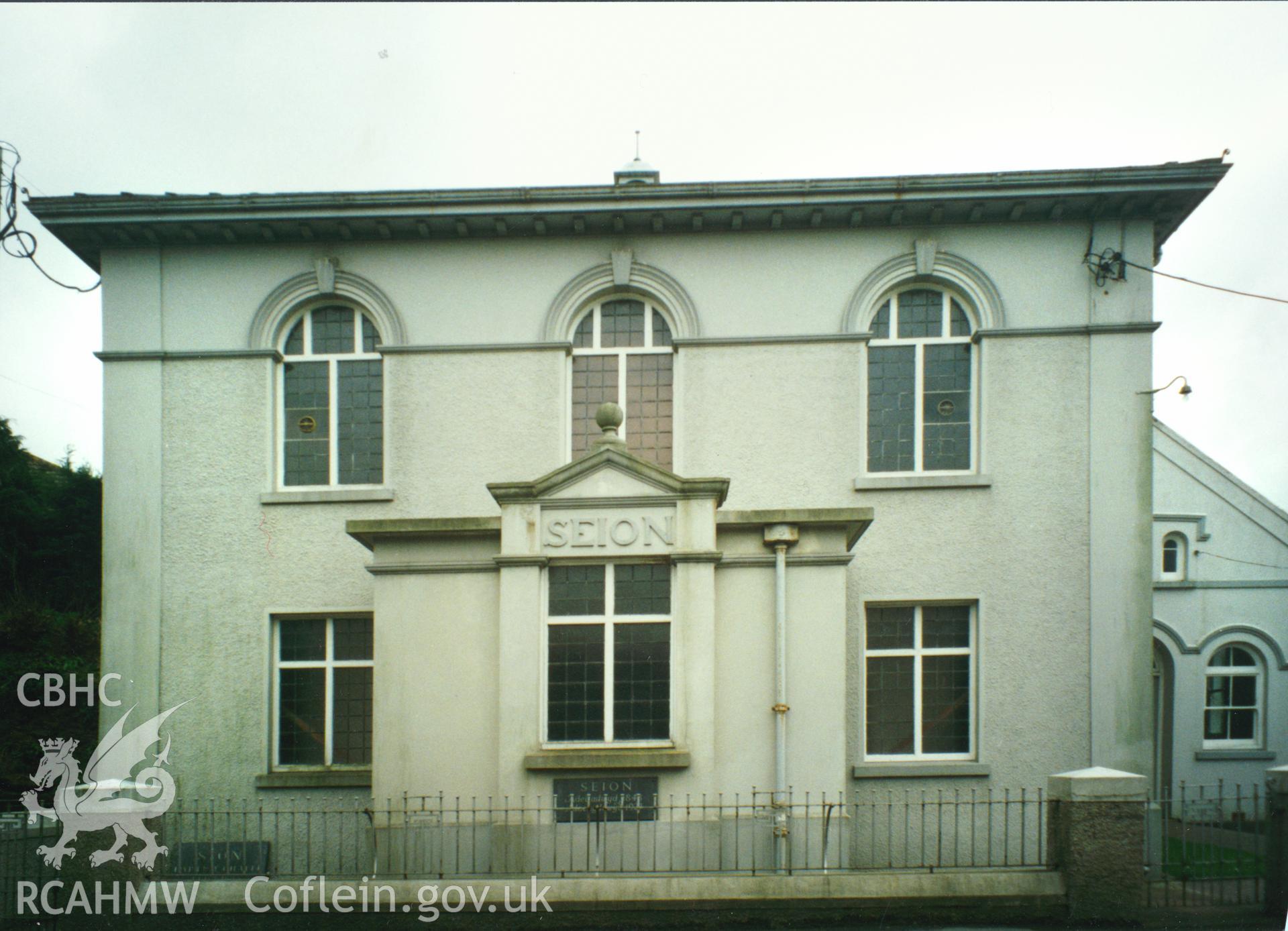 Digital copy of a colour photograph showing an exterior view of Seion Welsh Baptist Chapel, St Clears, taken by Robert Scourfield, 1996.