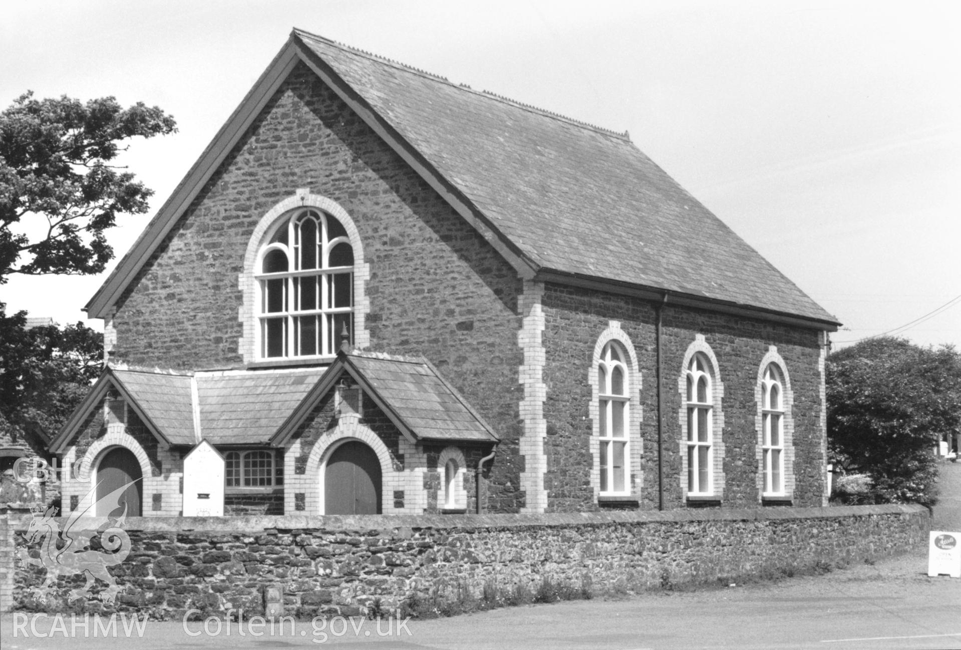 Digital copy of a black and white photograph showing an exterior view of Moriah English Baptist Church, Marloes, taken by Robert Scourfield, c.1996.