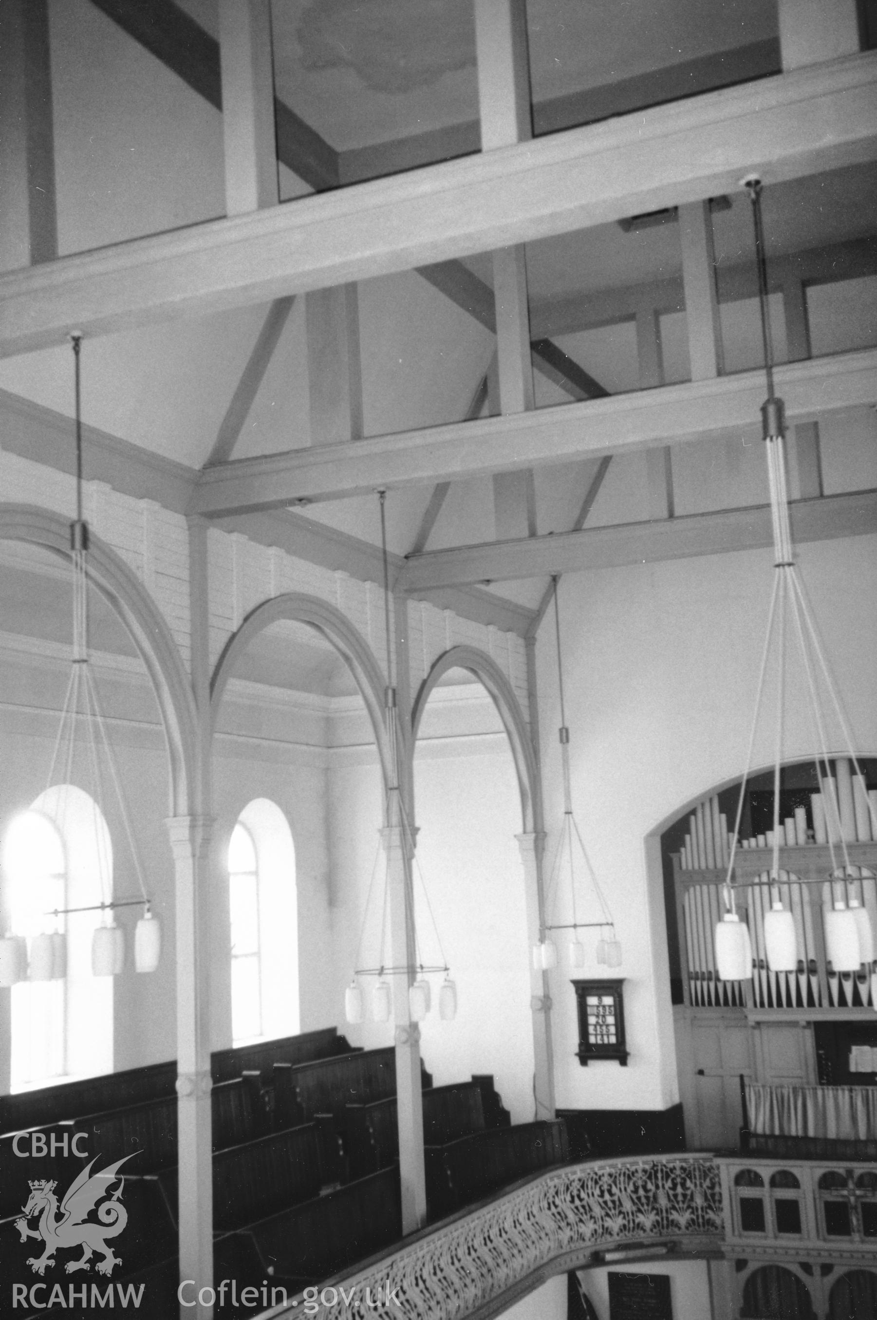 Digital copy of a black and white photograph showing an interior view of Bethany English Baptist Chapel, Pembroke Dock, taken by Robert Scourfield, c.1996.
