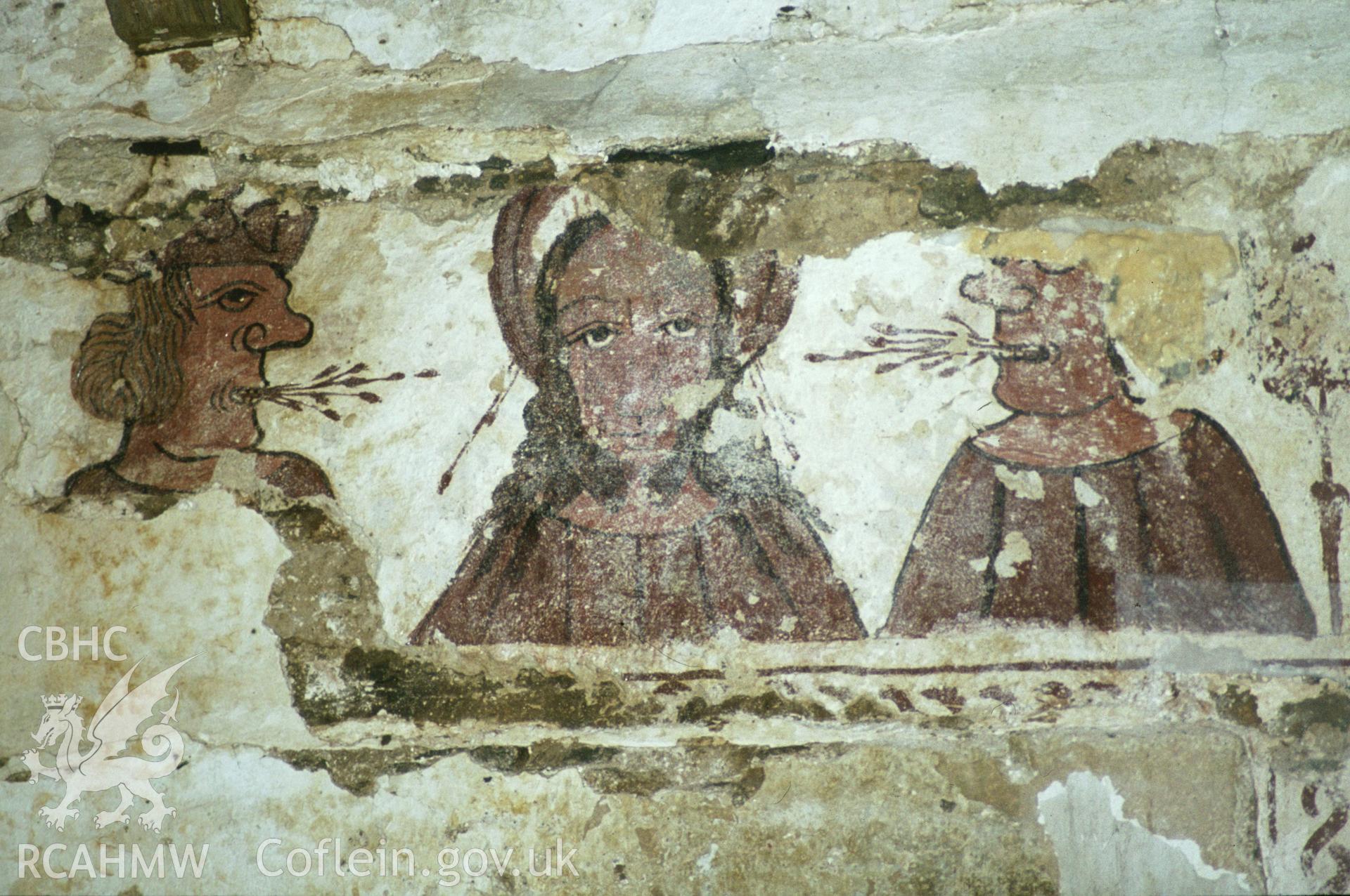 RCAHMW colour transparency showing view of the 'Scorning of Christ' wallpainting at St Teilo's Church, Llandeilo Talybont, photographed in 1984.
