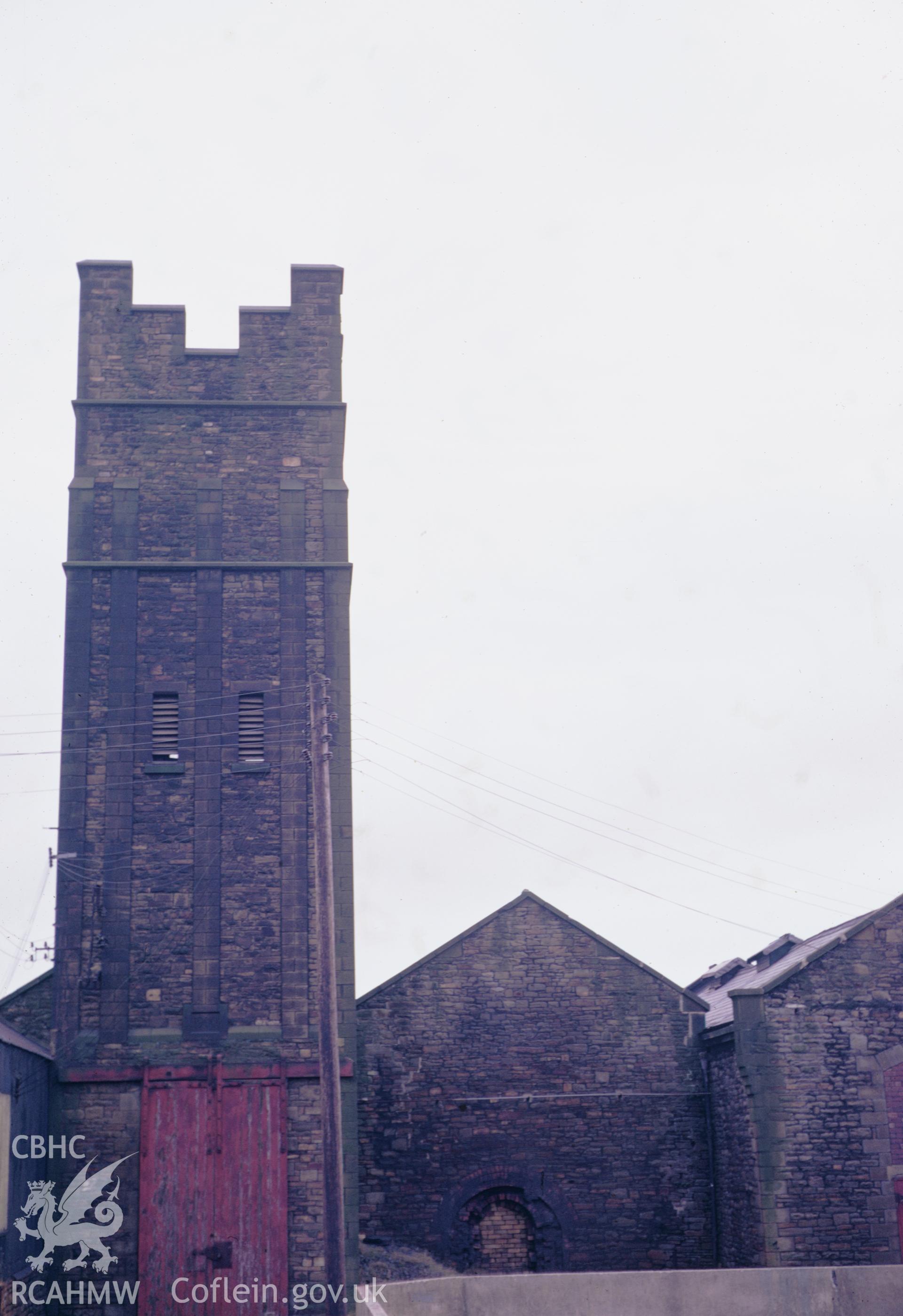 35mm colour slide showing  North Dock Engine House and Accumulator Tower, Llanelli, Carmarthenshire, by Dylan Roberts, undated.
