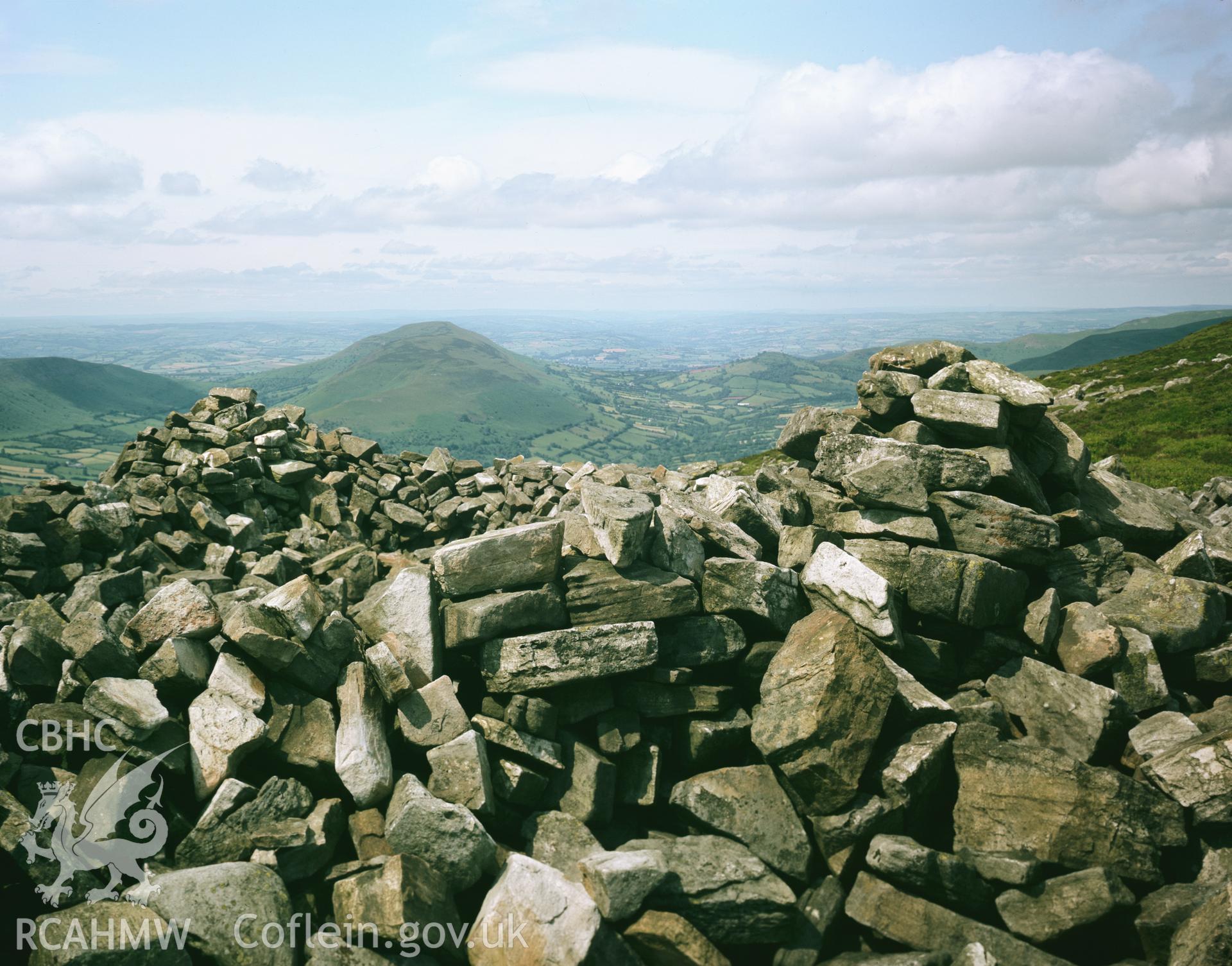 RCAHMW colour transparency showing cairn at Pen Allt Mawr, taken by RCAHMW 1981