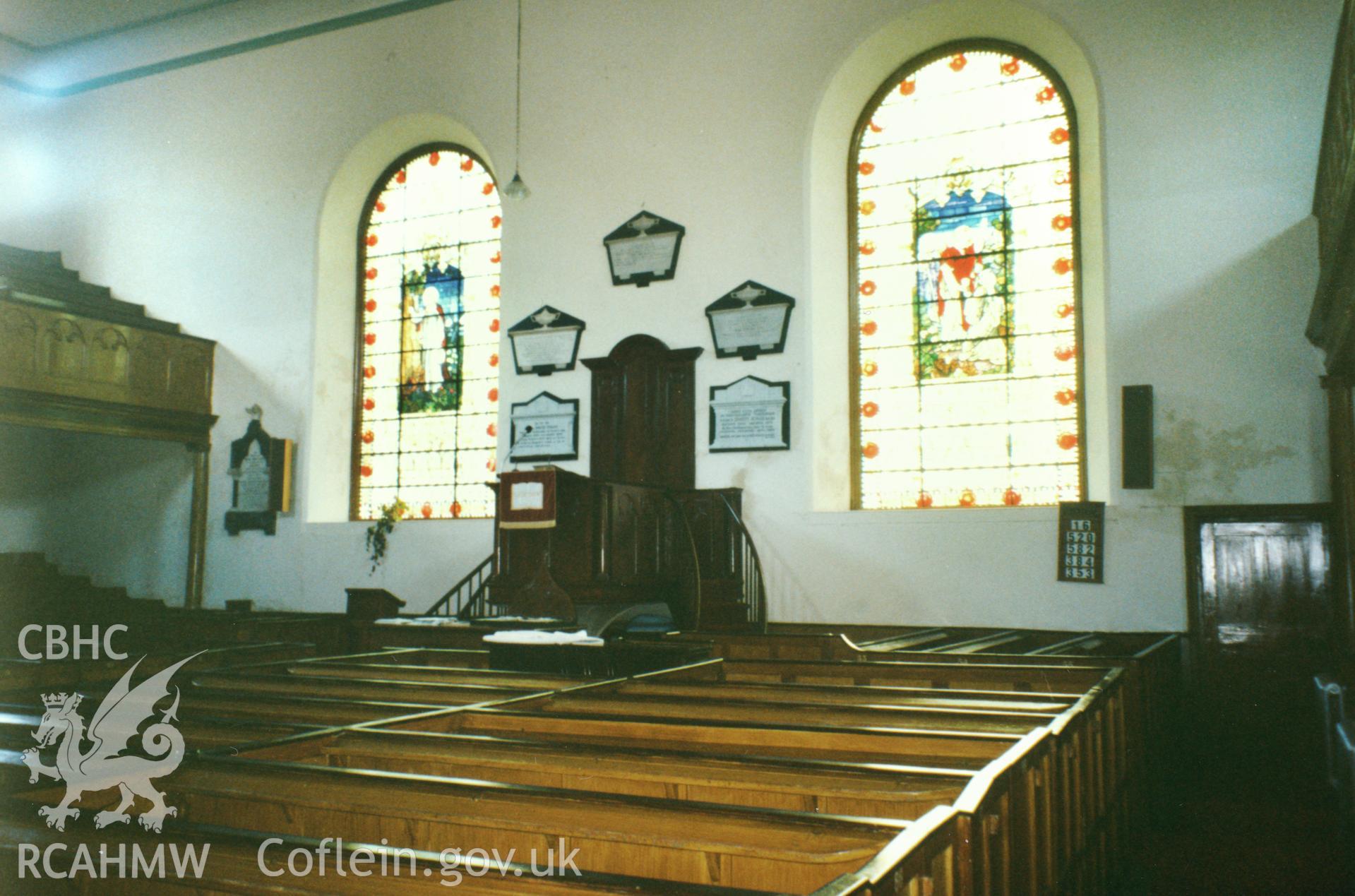 Digital copy of a colour photograph showing an interior view of Heol Awst Welsh Independent Chapel, Lammas Street, Carmarthen, taken by Robert Scourfield, 1996.