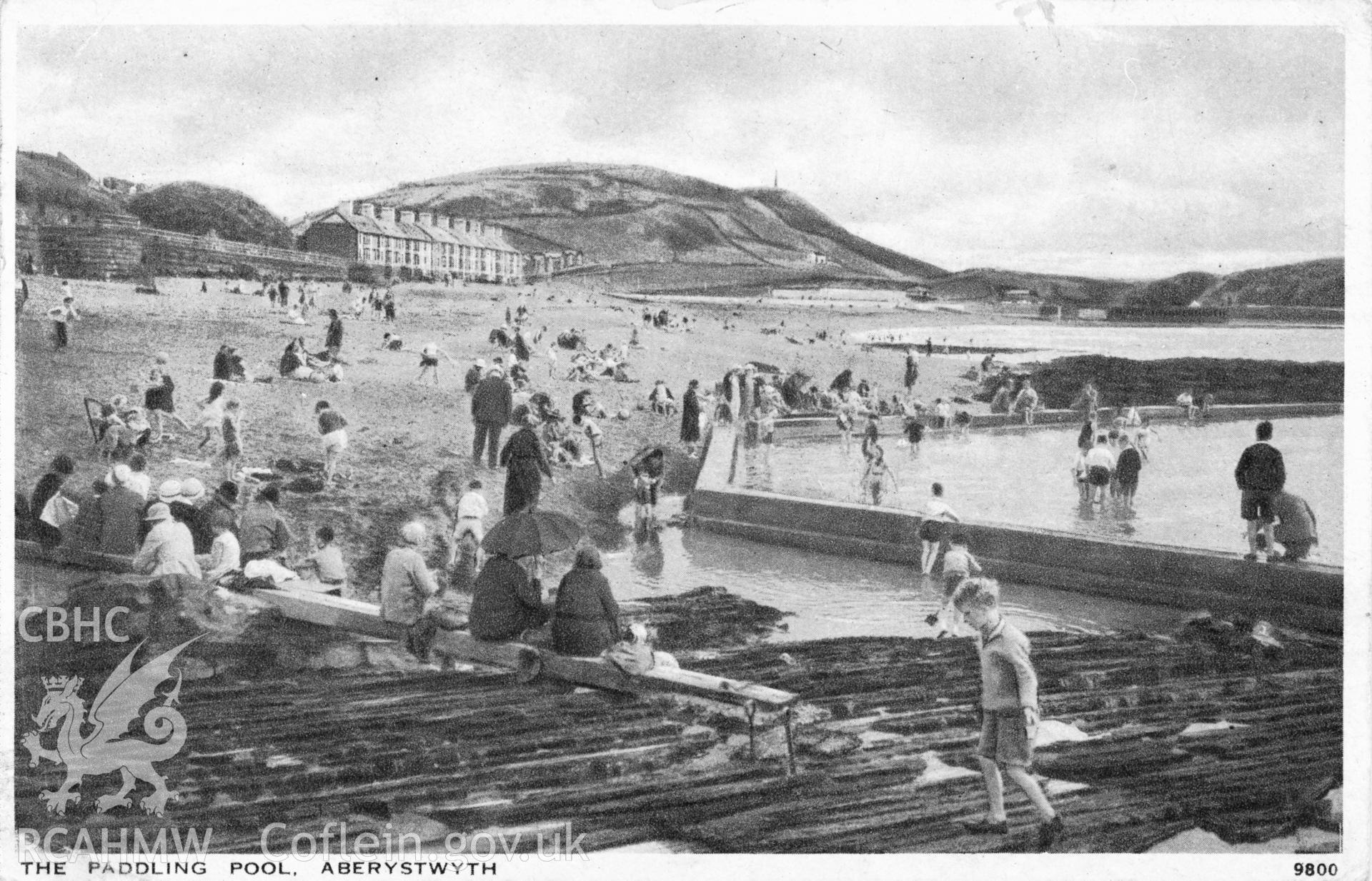 Postcard view showing paddling pool on South Beach, Aberystwyth.
